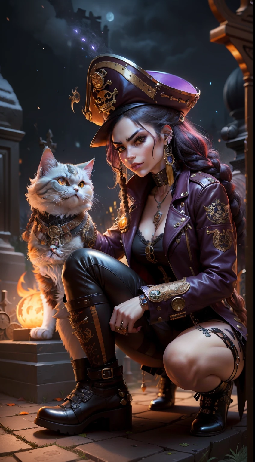 persian cat Anthropomorphic, steampunk ,, , studded leather jacket with intricate ornamentation orange and purple , pirate steampunk theme,, , highest quality,, very angry face, body fitness, full body, long hair with braids , at night in the cemetery with fireflies