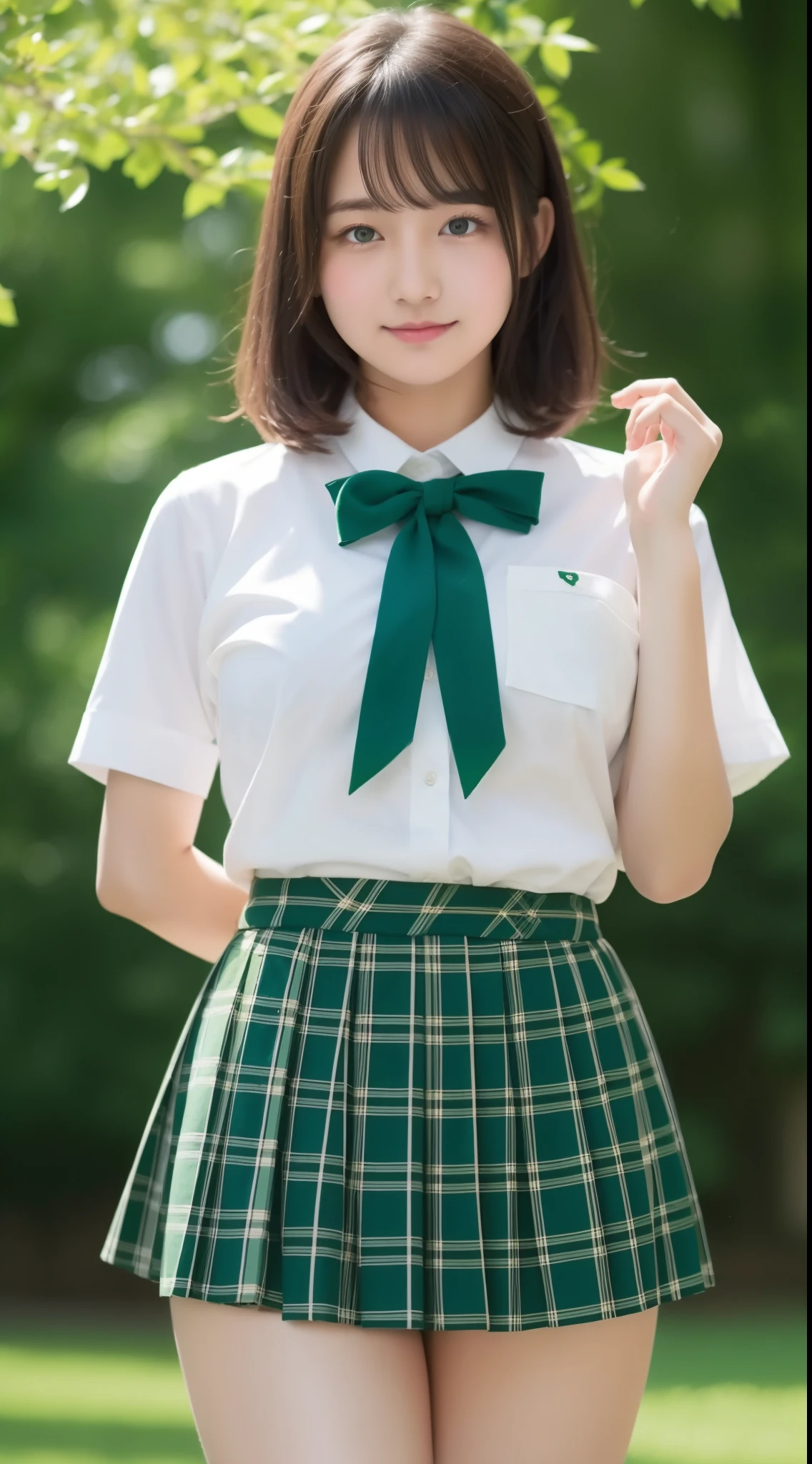 masterpiece,big oppai, school uniform,white shirt, emphasize the thighs, white thighs, soft thighs, Gorgeous thighs,green plaid short skirt, green ribbon、************、