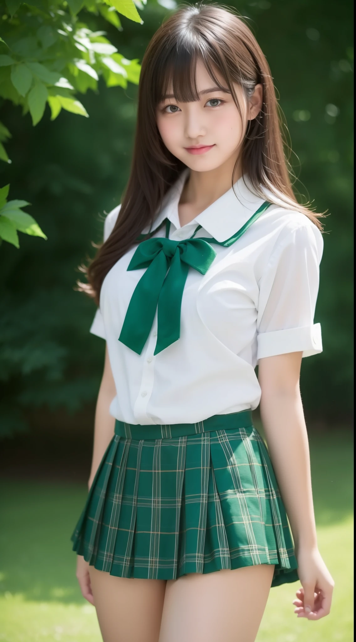 masterpiece,big oppai, school uniform,white shirt, emphasize the thighs, white thighs, soft thighs, Gorgeous thighs,green plaid short skirt, green ribbon、、
