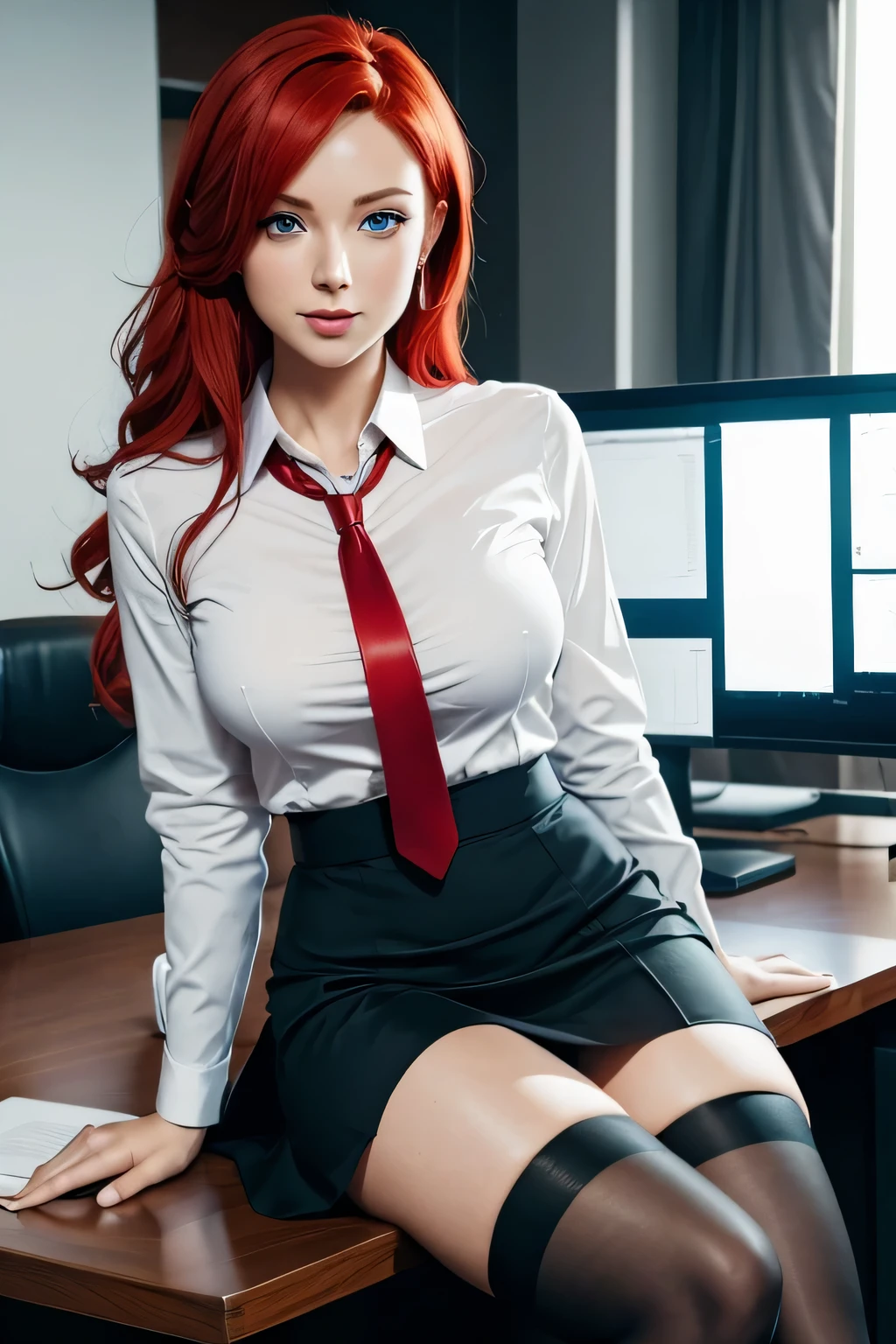 sexy female boss in the office, sitting in a chair at the table. she is wearing a strict red business suit and skirt. Stockings are visible in the cut of the skirt.. .... She looks tenderly. She has blue eyes and red hair