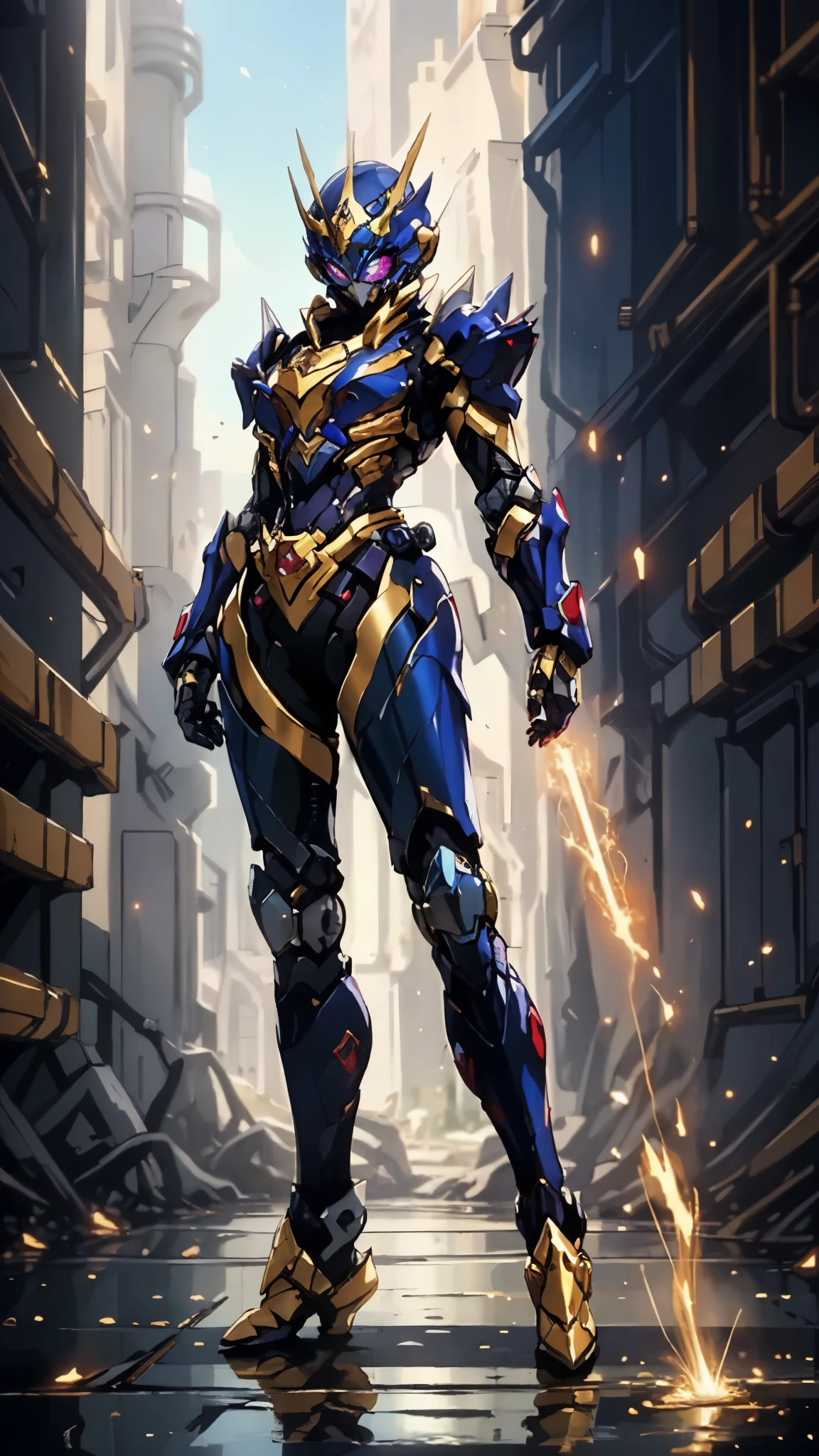 A woman adorned in fantasy-style full-body armor, a crown-concept fully enclosed helmet that unveils only her eyes, a composite layered chest plate, fully encompassing shoulder and hand guards, a lightweight waist armor, form-fitting shin guards, the overall design is heavy-duty yet flexible, ((the armor gleams with a golden glow, complemented by red and blue accents)), exhibiting a noble aura, she floats above a fantasy-surreal high-tech city, this character embodies a finely crafted fantasy-surreal style armored hero in anime style, exquisite and mature manga art style, (mixture of Queen bee and Spider concept Armor, plasma, blood), ((Element, energy, elegant, goddess, femminine:1.5)), metallic, high definition, best quality, highres, ultra-detailed, ultra-fine painting, extremely delicate, professional, anatomically correct, symmetrical face, extremely detailed eyes and face, high quality eyes, creativity, RAW photo, UHD, 32k, Natural light, cinematic lighting, masterpiece-anatomy-perfect, masterpiece:1.5