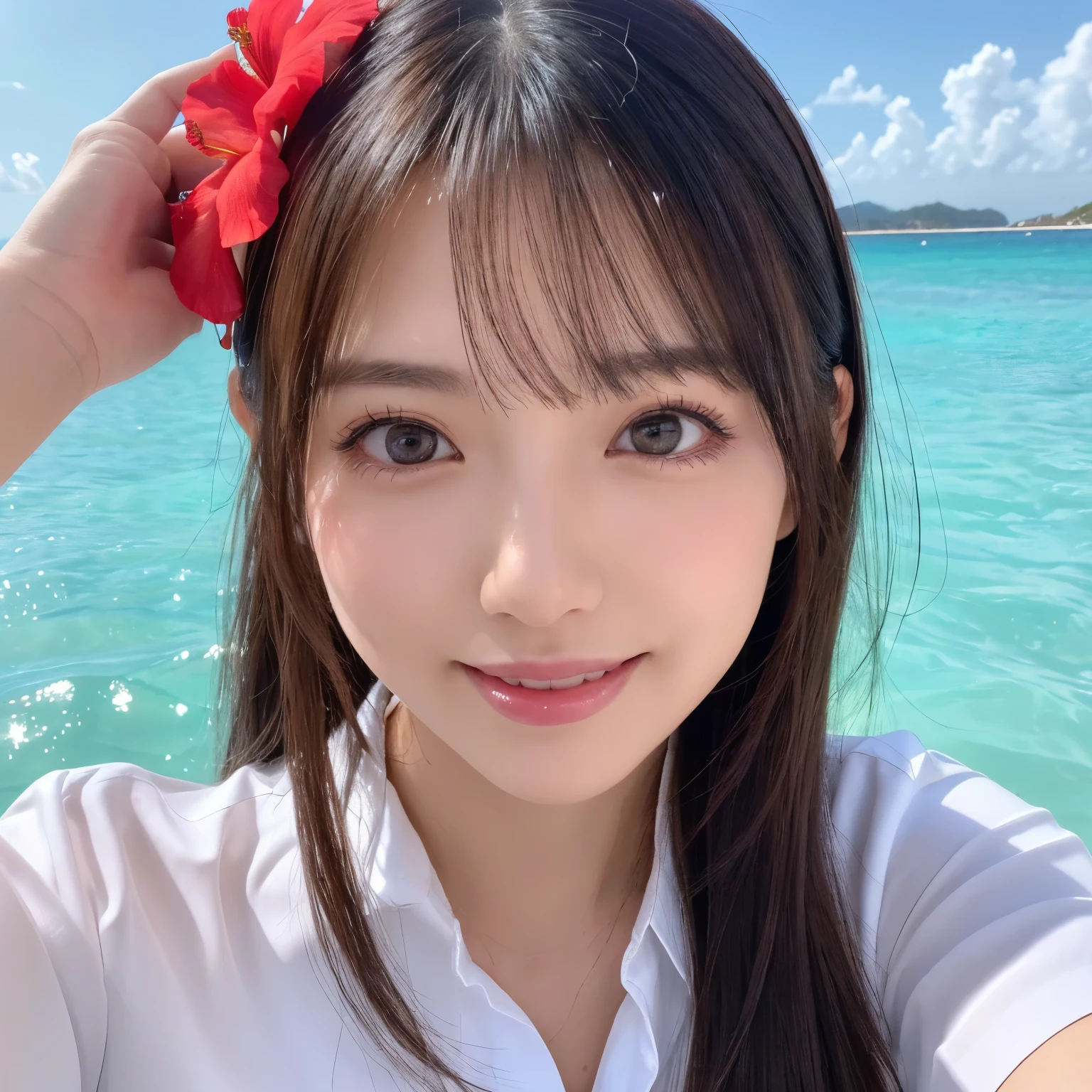 ((highest quality、table top、8k、best image quality、extremely complex and detailed depiction))、(1 person photo:1.1)、The best smile staring at the camera、(beautiful beach:1.05)、(Fully expose the chest:1.1)、(One red hibiscus hair ornament on the head:1.15)、(White polyester shirt worn unbuttoned:1.2)、high school uniform、(Huge breasts that are about to burst:1.1)、(emphasize body line:1.1)、cleavage、(close up of face:1.25)、glamorous body、hair swaying in the wind、sandy beach、beautiful sea、Recreate the perfect details of a deserted island、(A clear, sparkling, vivid sea:1.1)、Complex sea glow、beautiful seaの詳細が描かれています、Brightly lit face、Ultra high definition beauty face、ultra high definition hair、Super high-definition sparkling eyes、(Pure white skin shining in ultra-high resolution:1.1)、Super high resolution glossy lips、gravure pose、(very bright and vivid:1.2)、show one's side