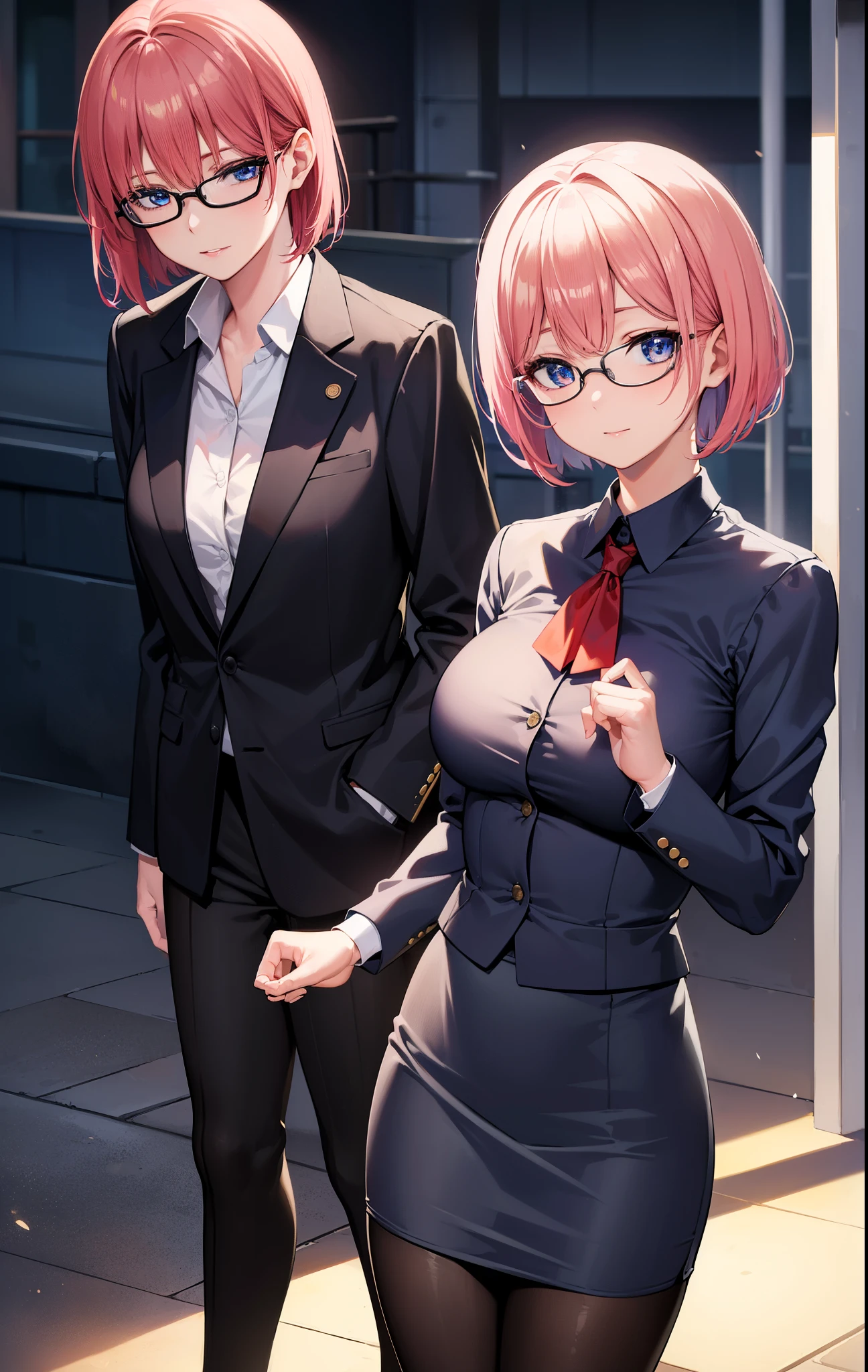 ichikanakano, ichika nakano, short hair, bangs, blue eyes, hair between eyes, smile,pink hair, big breasts , OL, red glasses, end, black suit jacket with open front, white dress shirt, collared shirt, neckline, button,morning, black pencil skirt, black pantyhose, stiletto heels,
break looking at viewer, whole body,
break outdoors, School school gate,
break (masterpiece:1.2), highest quality, High resolution, unity 8k wallpaper, (figure:0.8), (detailed and beautiful eyes:1.6), highly detailed face, perfect lighting, Very detailed CG, (perfect hands, perfect anatomy),