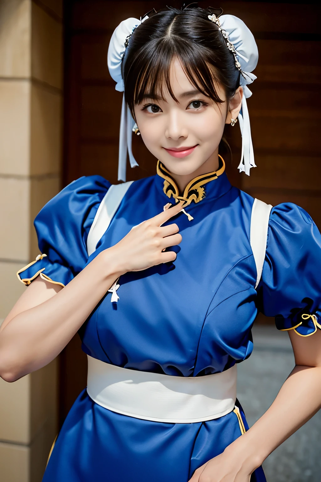 Chun-Li from Street Fight II,Bun head,bun cover,masterpiece、1 beautiful girl、fine eyes、puffy eyes、highest quality, 超High resolution, (reality: 1.4), movie lighting、Japanese、asian beauty、Korean、super beautiful、beautiful skin、body facing forward、close up of face、(超reality的な)、(High resolution)、(8k)、(very detailed)、(美しくfine eyes)、(Super detailed)、 (wall-)、detailed face、bright lighting、professional lighting、looking at the viewer、look straight ahead、slanted bangs、Nogizaka Idol、korean idol、masterpiece, highest quality, masterpiece, highest quality, perfect face, perfect brown eyes with white sclera, bad move-5, alone, 1 girl, Upper body, brown hair, From SF2, Chinese service, smile, muscular woman, blue clothes, pantyhose, pelvic curtain, Puffy short sleeves, Good cover, sash, evaluation:safety