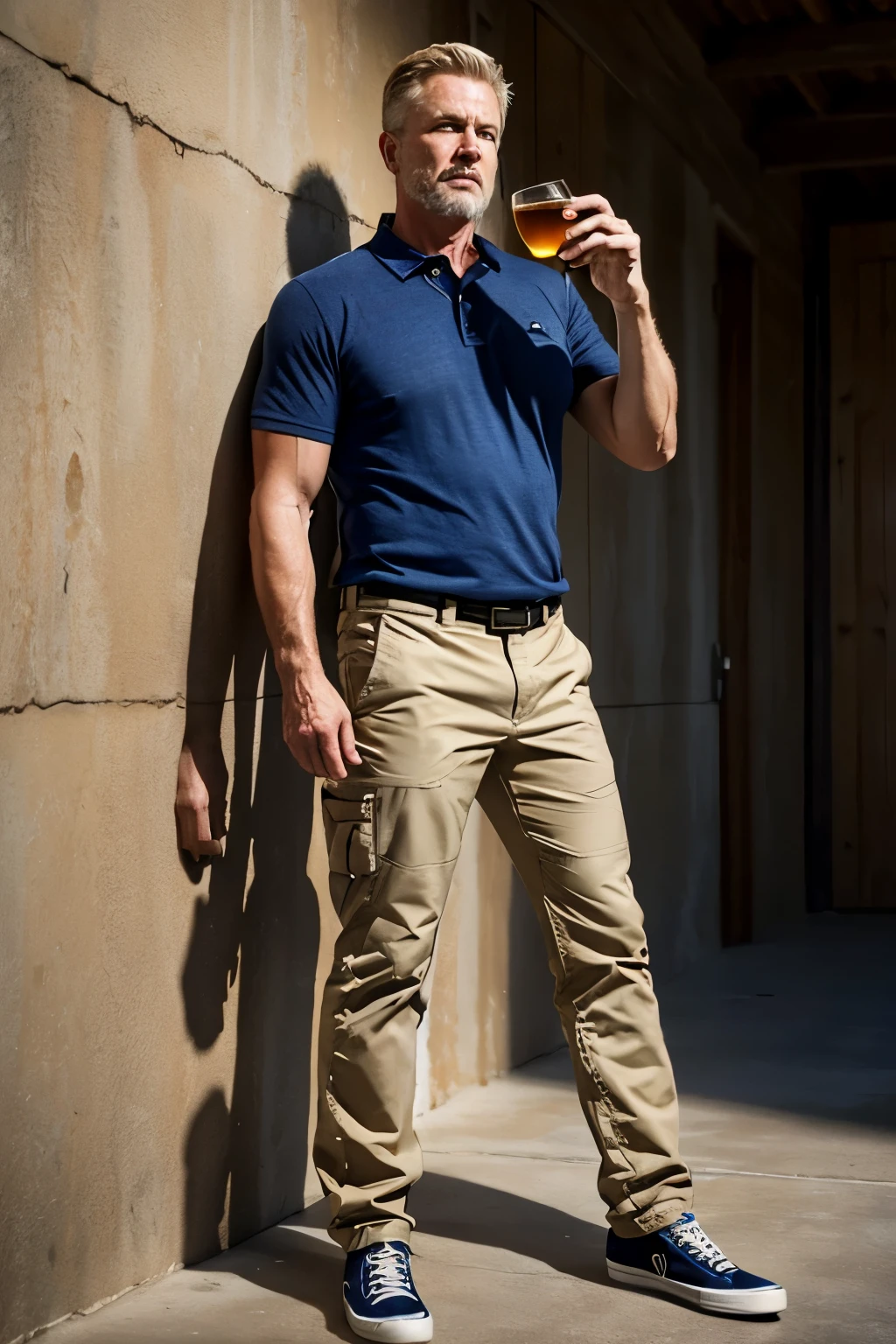 Caden Davis, Ex-Air Force spook, 55-years-old, short light hair, rugged jaw, strong posture, polo shirt, kahki pants, white deck shoes, holding a glass of brandy in his hand, leaning against a wall, Unreal Engine 5, Cinematic, low angle photography, Hyper-detailed, Beautiful, insanely details, Intricate detail