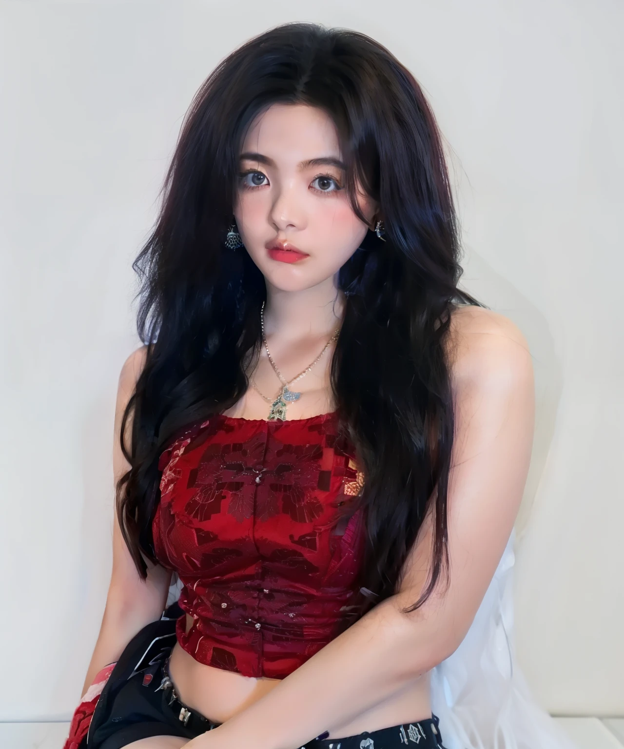 Jisoo Kim do BLACKPINK em um fundo todo vermelho usando uma camisa preta