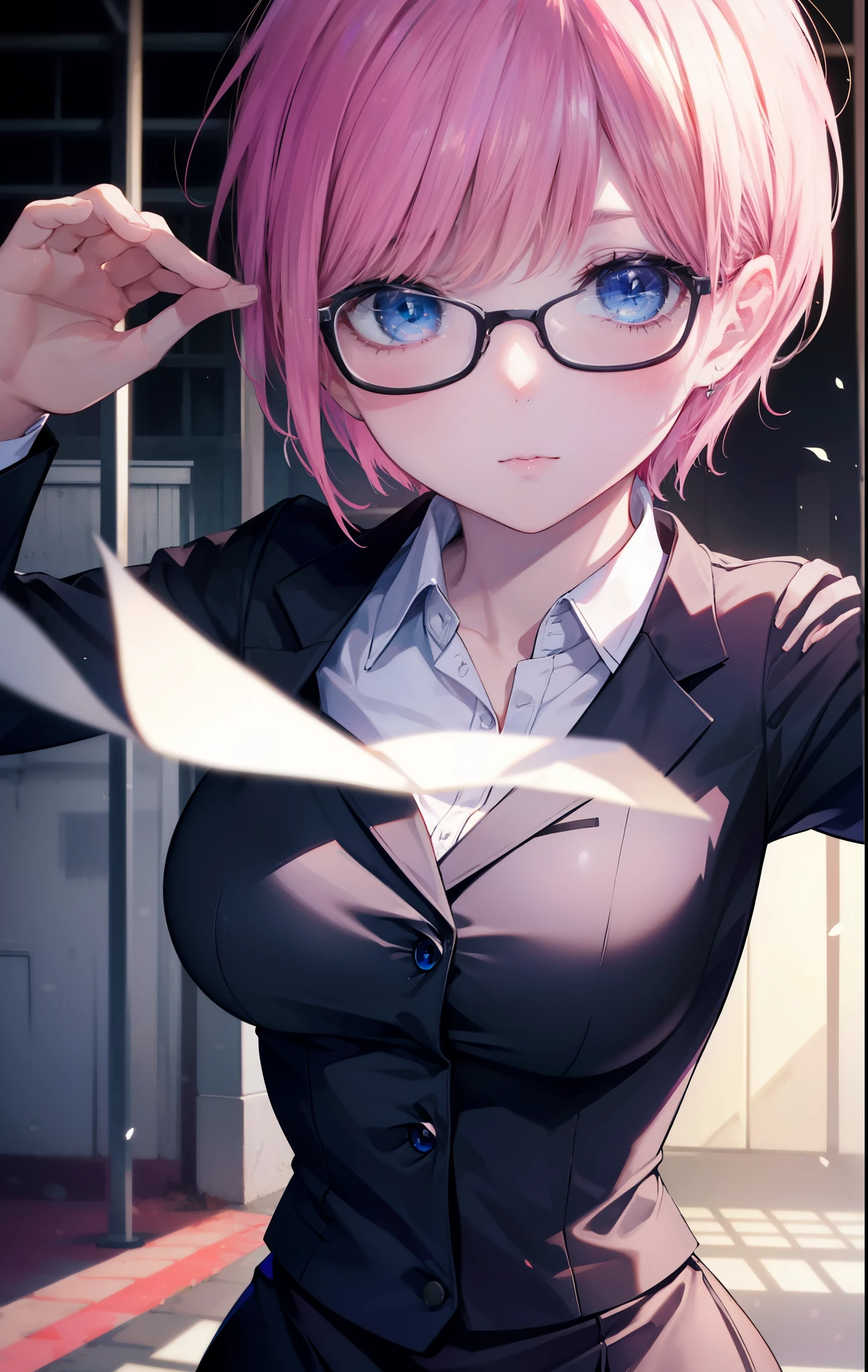 ichikanakano, ichika nakano, short hair, bangs, blue eyes, hair between eyes, smile,pink hair, big breasts , OL, red glasses, end, black suit jacket with open front, white dress shirt, collared shirt, neckline, button,morning, black pencil skirt, black pantyhose, stiletto heels,
break looking at viewer, whole body, 
break outdoors, School　school gate,
break (masterpiece:1.2), highest quality, High resolution, unity 8k wallpaper, (figure:0.8), (detailed and beautiful eyes:1.6), highly detailed face, perfect lighting, Very detailed CG, (perfect hands, perfect ???????),
