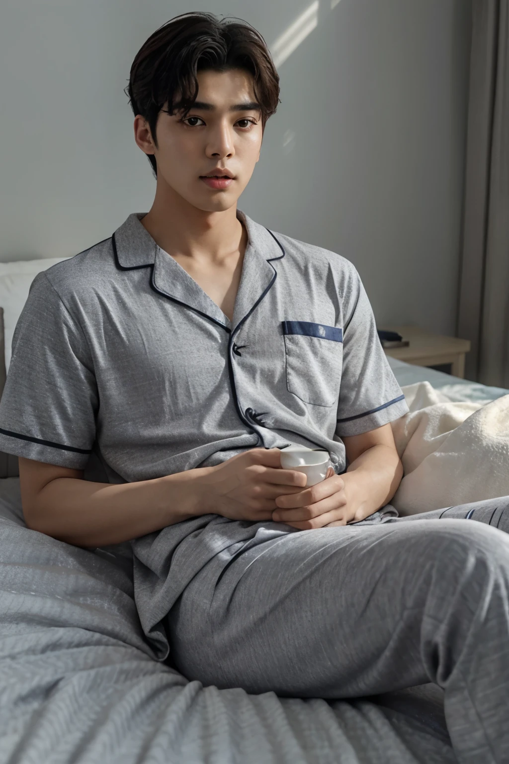 Male wolf ears, shy face, wearing this pajamas, lazing on the bed, turning his body, and a rabbit ear next to him, looking at this male rabbit looking at each other