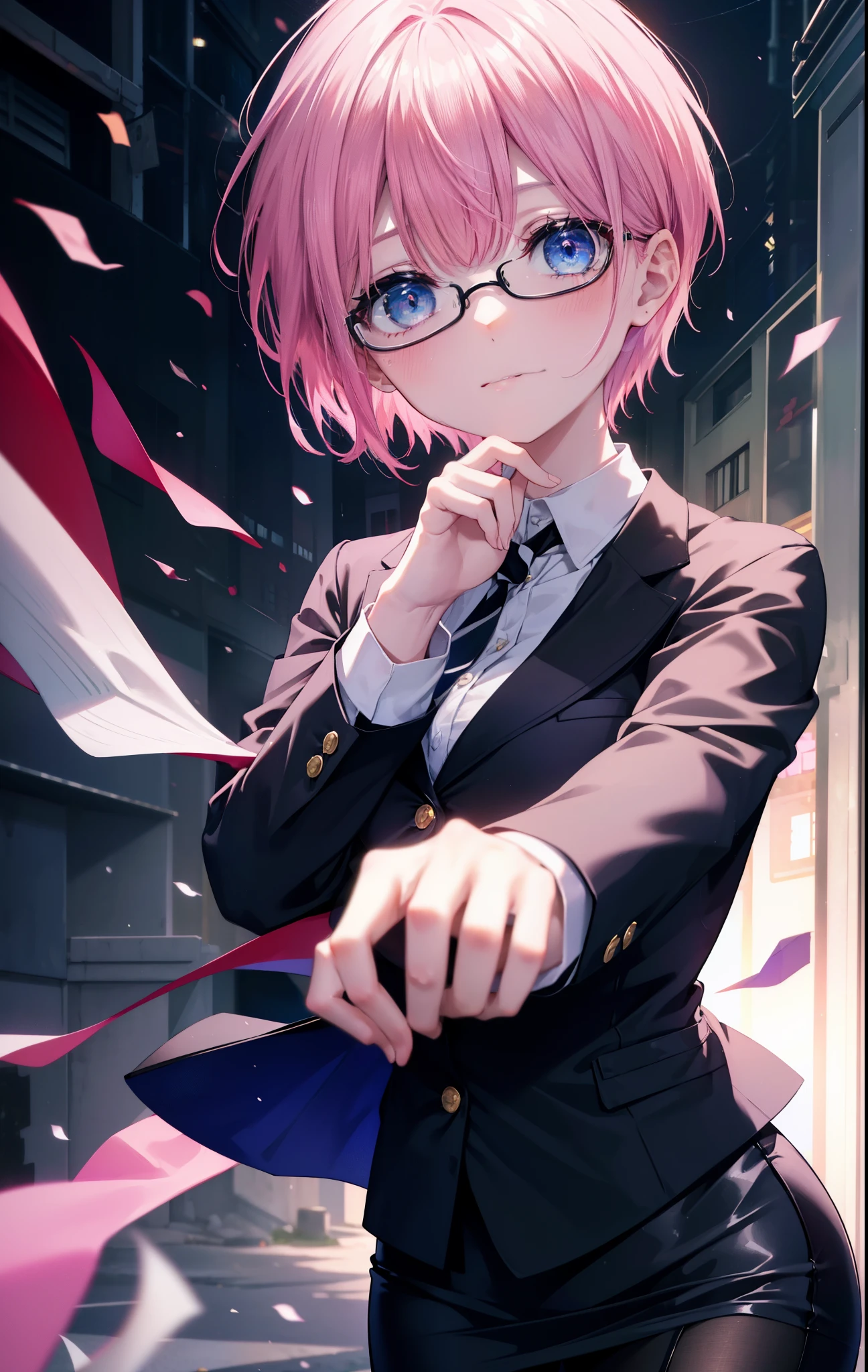 ichikanakano, ichika nakano, short hair, bangs, blue eyes, hair between eyes, smile,pink hair, big breasts , OL, red glasses, end, black suit jacket with open front, white dress shirt, collared shirt, neckline, button,morning, black pencil skirt, black pantyhose, stiletto heels,
break looking at viewer, whole body, 
break outdoors, School　school gate,
break (masterpiece:1.2), highest quality, High resolution, unity 8k wallpaper, (figure:0.8), (detailed and beautiful eyes:1.6), highly detailed face, perfect lighting, Very detailed CG, (perfect hands, perfect anatomy),