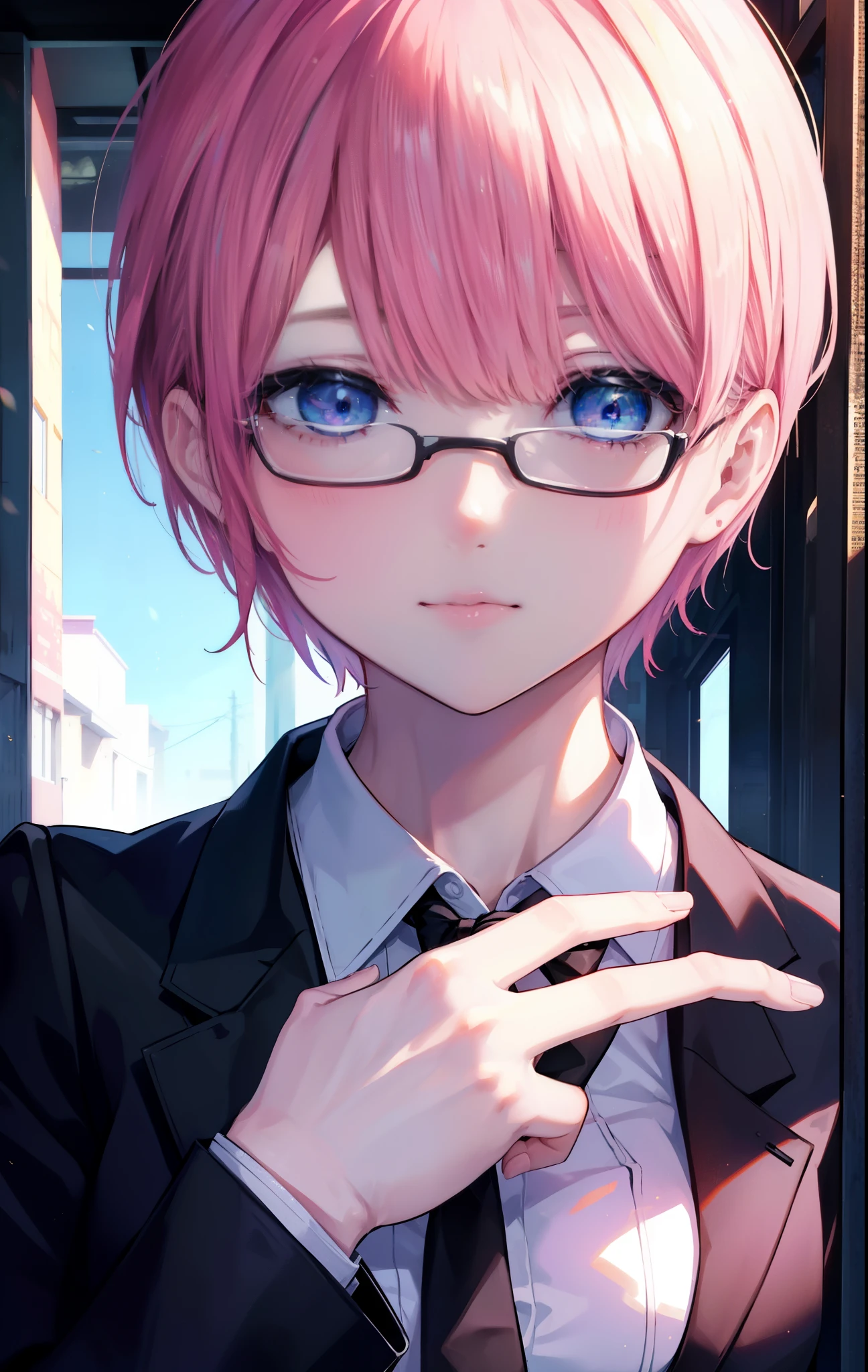 ichikanakano, ichika nakano, short hair, bangs, blue eyes, hair between eyes, smile,pink hair, big breasts , OL, red glasses, end, black suit jacket with open front, white dress shirt, collared shirt, neckline, button,morning, black pencil skirt, black pantyhose, stiletto heels,
break looking at viewer, whole body, 
break outdoors, School　school gate,
break (masterpiece:1.2), highest quality, High resolution, unity 8k wallpaper, (figure:0.8), (detailed and beautiful eyes:1.6), highly detailed face, perfect lighting, Very detailed CG, (perfect hands, perfect anatomy),