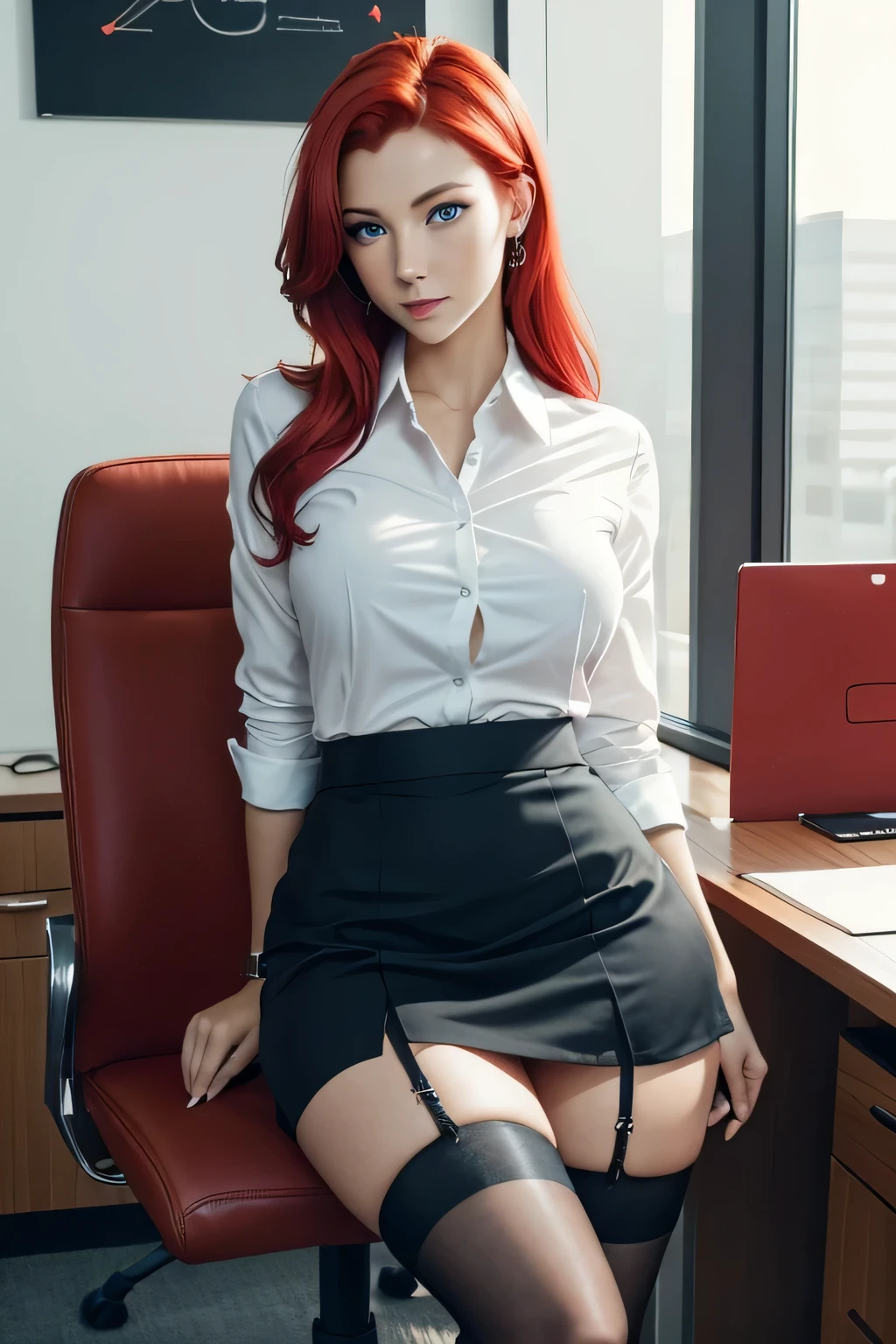 sexy female boss in the office, sitting in a chair at the table. she is wearing a strict red business suit and skirt. Stockings are visible in the cut of the skirt.. She looks tenderly. She has blue eyes and red hair