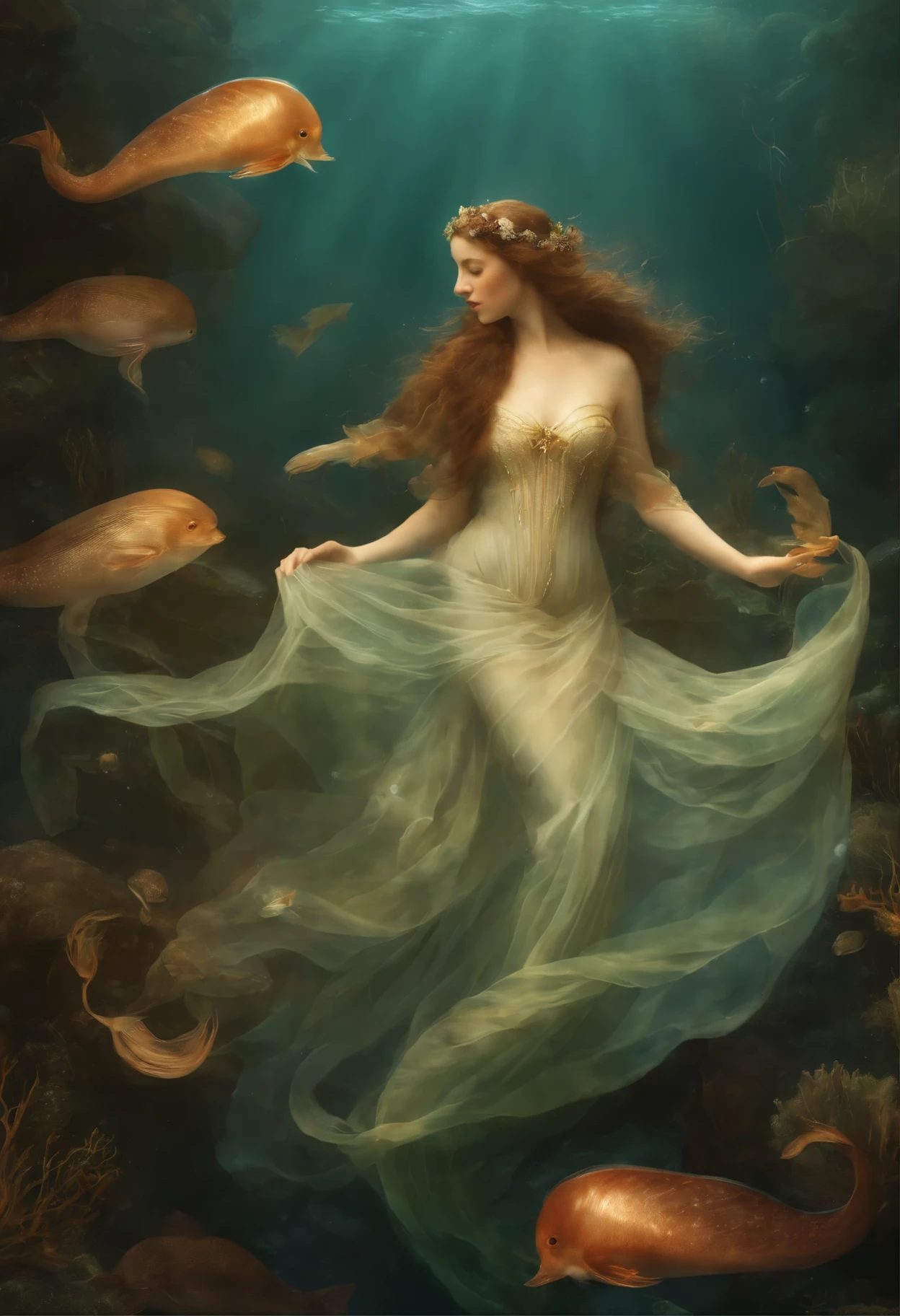 Rainbow Mermaid,fantastic creature (sereia:1.1),underwater setting,nas profundezas do oceano,belos olhos detalhados,cara bonito,beautiful detailed lips,Sparkling scales,cabelos coloridos e fluidos,Cauda de peixe fina,magical underwater lighting,atmosfera calma e serena,Pacific underwater kingdom,fantastic atmosphere,Algas flutuantes e corais,fascinante vida marinha,cores vivas e brilhantes,Natural sunlight filtered through water,Colorful rainbow jellyfish dance around,Criaturas marinhas brincalhonas e gentis,Ethereal and captivating presence,Aura misteriosa e misteriosa.