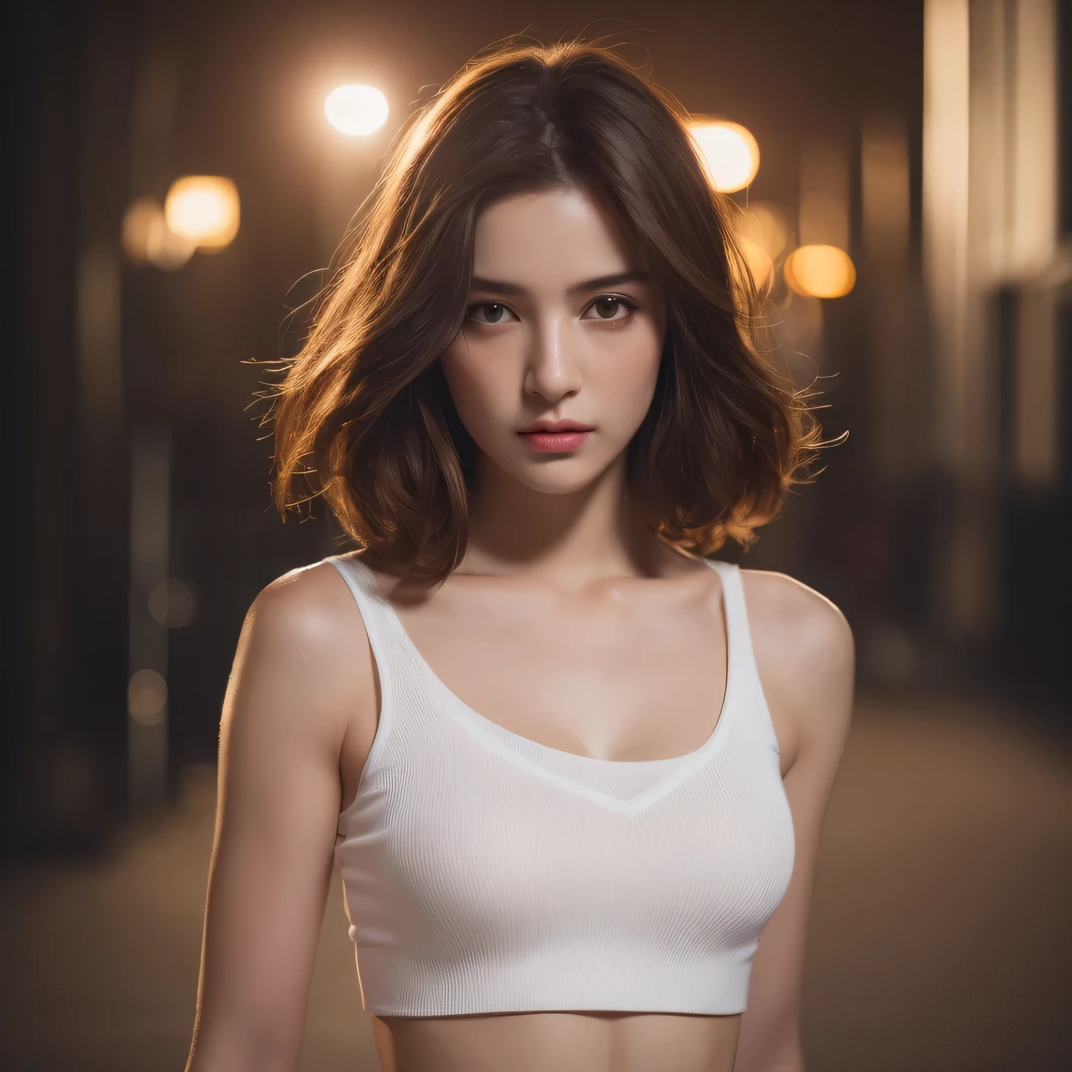 ((Realistic lighting, Best quality, 8K, Masterpiece: 1.3)), Clear focus: 1.2, 1girl, Perfect Figure: 1.4, Slim Abs: 1.1, ((Dark brown hair)), (White crop top: 1.4), (Outdoor, Night: 1.1), City streets, Super fine face, Fine eyes, Double eyelids, pink bra