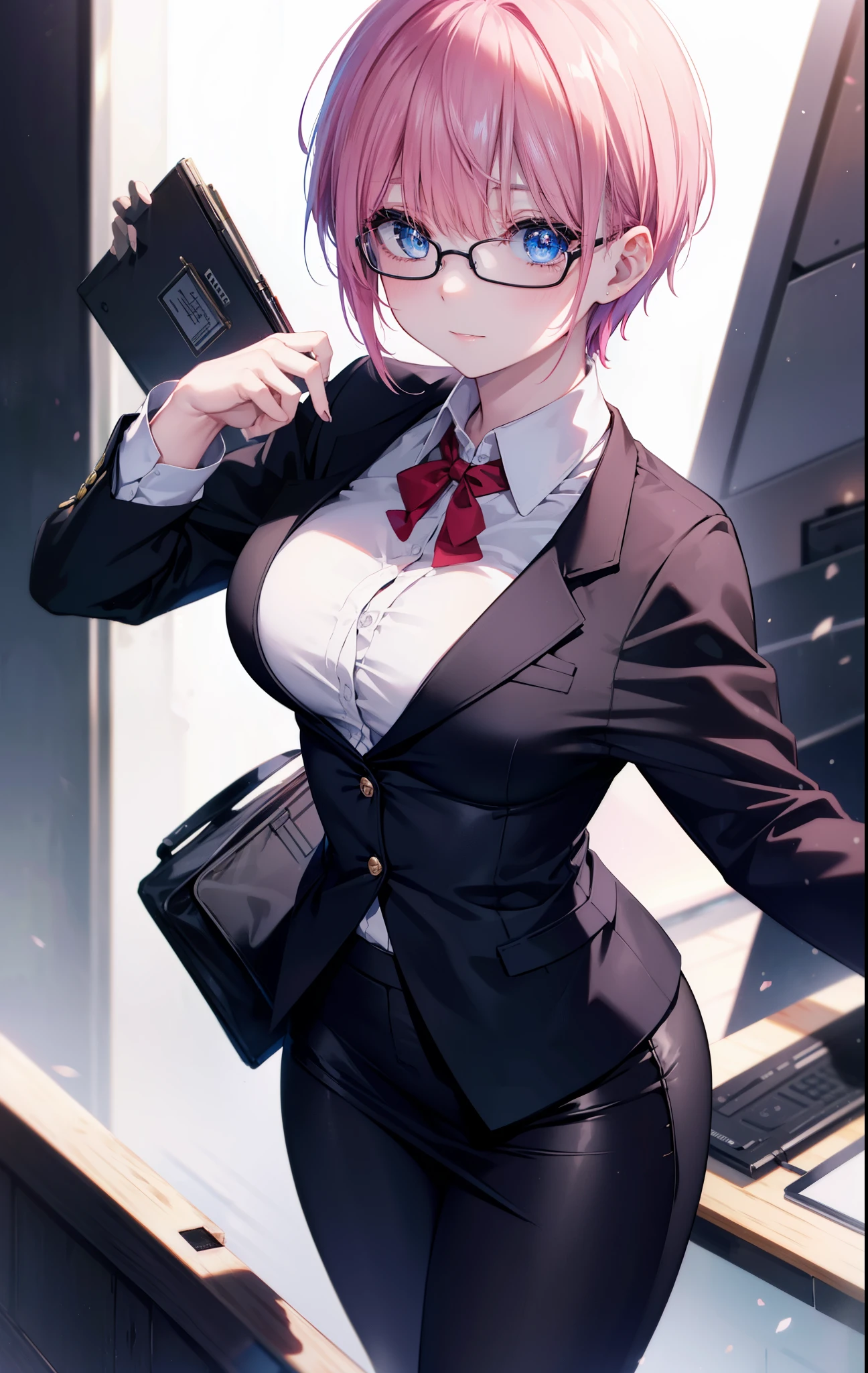 ichikanakano, ichika nakano, short hair, bangs, blue eyes, hair between eyes, smile,pink hair, big breasts , OL, red glasses, end, black suit jacket with open front, white dress shirt, collared shirt, neckline, button,morning, black pencil skirt, black pantyhose, stiletto heels,
break looking at viewer, whole body, 
break outdoors, School　school gate,
break (masterpiece:1.2), highest quality, High resolution, unity 8k wallpaper, (figure:0.8), (detailed and beautiful eyes:1.6), highly detailed face, perfect lighting, Very detailed CG, (perfect hands, perfect anatomy),