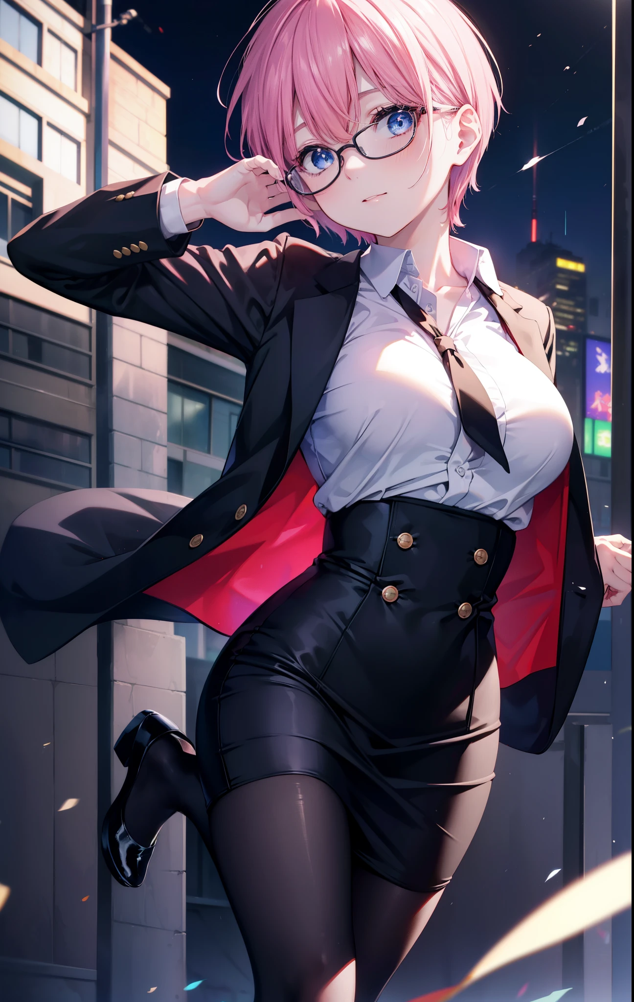 ichikanakano, ichika nakano, short hair, bangs, blue eyes, hair between eyes, smile,pink hair, big breasts , OL, red glasses, end, black suit jacket with open front, white dress shirt, collared shirt, neckline, button,morning, black pencil skirt, black pantyhose, stiletto heels,put your hands behind your back,
break looking at viewer, whole body, 
break outdoors, School　school gate,
break (masterpiece:1.2), highest quality, High resolution, unity 8k wallpaper, (figure:0.8), (detailed and beautiful eyes:1.6), highly detailed face, perfect lighting, Very detailed CG, (perfect hands, perfect anatomy),