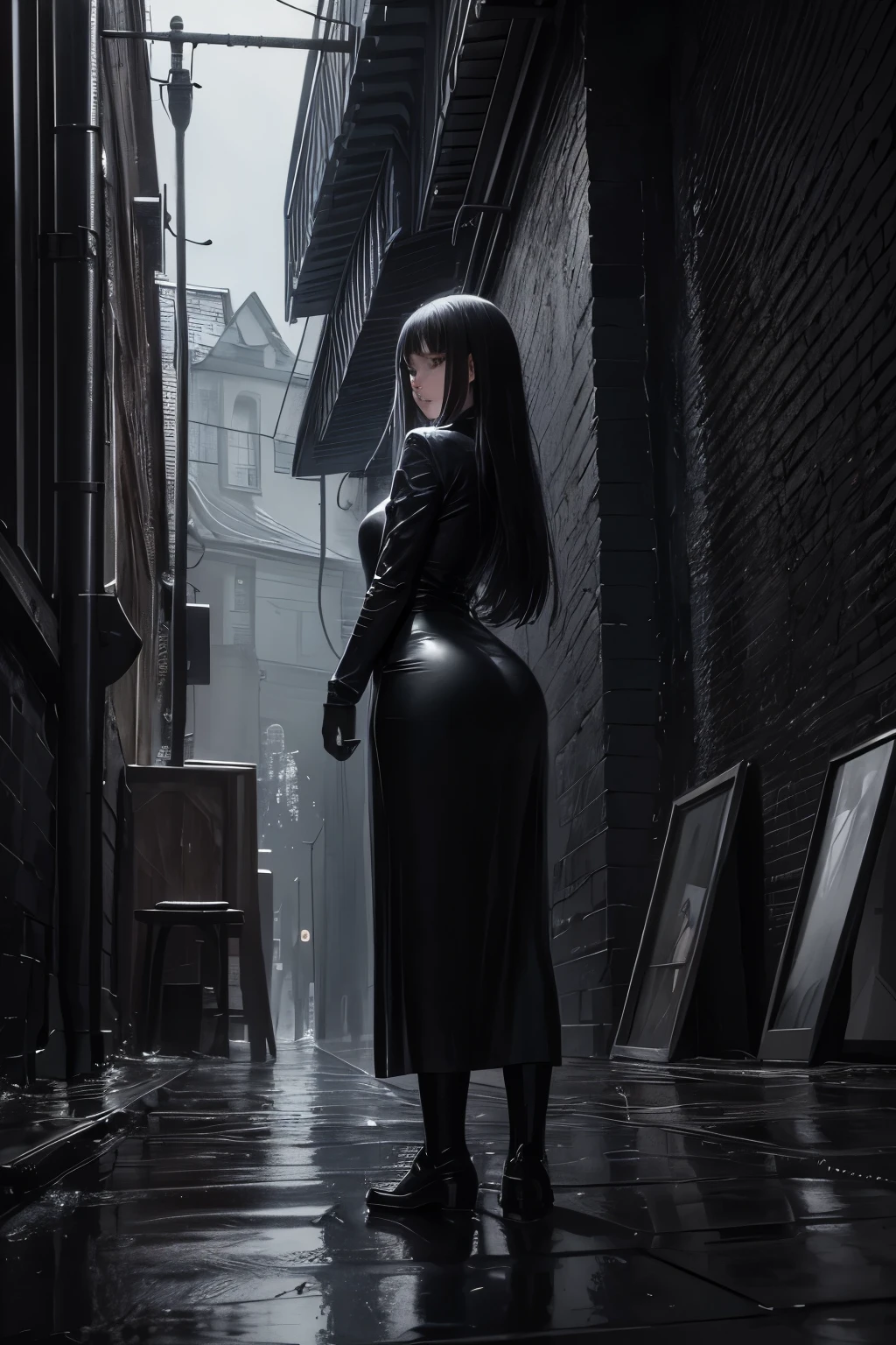 In the enigmatic world created by H.R. Giger, a solitary girl with elongated features stands near a wet surface (1.3). The complex background is filled with intricate structures and strange, otherworldly elements, their details shrouded in a gloomy hue (1.3). Stuff in the background peeks through the dimmed light, adding to the mysterious ambiance.
The highly detailed and textured ass of the girl contrasts the stark, grimy wetness underfoot, with every curve and contour apparent in the HDR image. The scene is further enhanced by a vignette that intensifies the focus on the girl and the intriguing surroundings.
