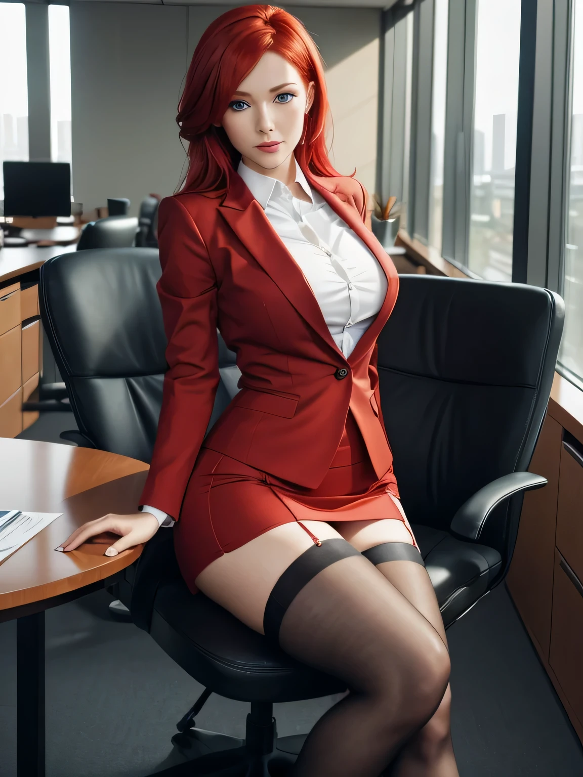 sexy female boss in the office, sitting in a chair at the table. she is wearing a strict red business suit and skirt. Stockings are visible in the cut of the skirt.. .... She looks tenderly. She has blue eyes and red hair