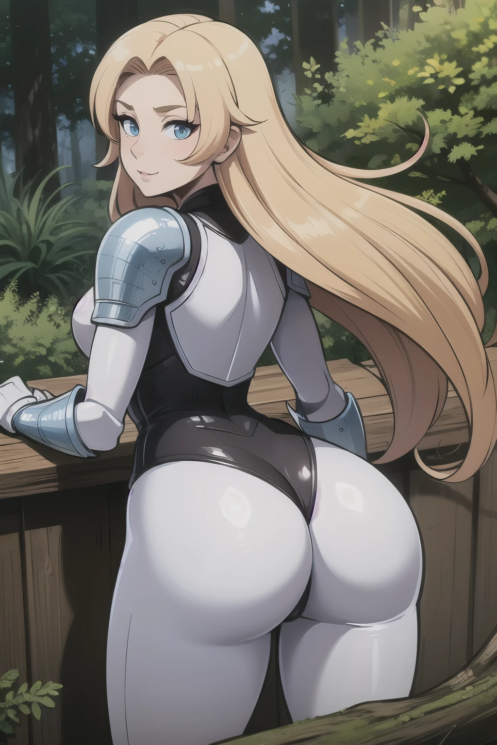((Best quality)), ((Masterpiece)), (detailed), perfect face perfect figure, Female Knight, Middle Ages, woman in knight's armor and leather clothes, blonde with blue eyes, One woman, juicy ass, In the forest, forest background, lots of bumpers, aged woman, white armor