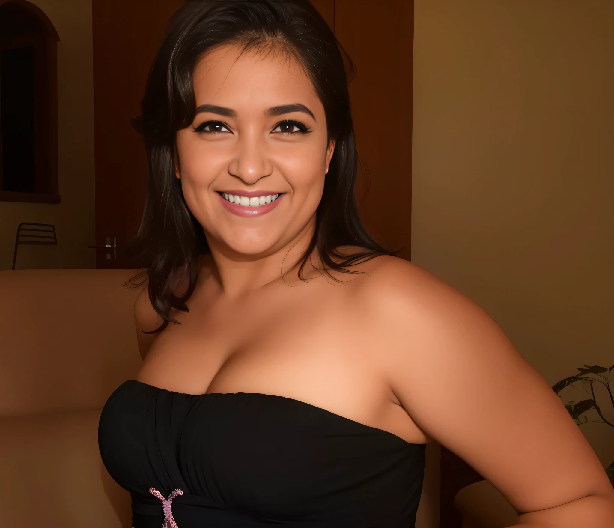 smiling woman in black dress holding a pink object in her hand, imagem de perfil, close up tiro de meio corpo, mulheres de 40 s, close-up de corpo inteiro, tiro de meio corpo, tiro de meio corpo, tiro na parte superior do corpo, tiro no busto, Bem, tiro de meio corpo, baleado perto do corpo, em seus primeiros 3 0, foto traseira