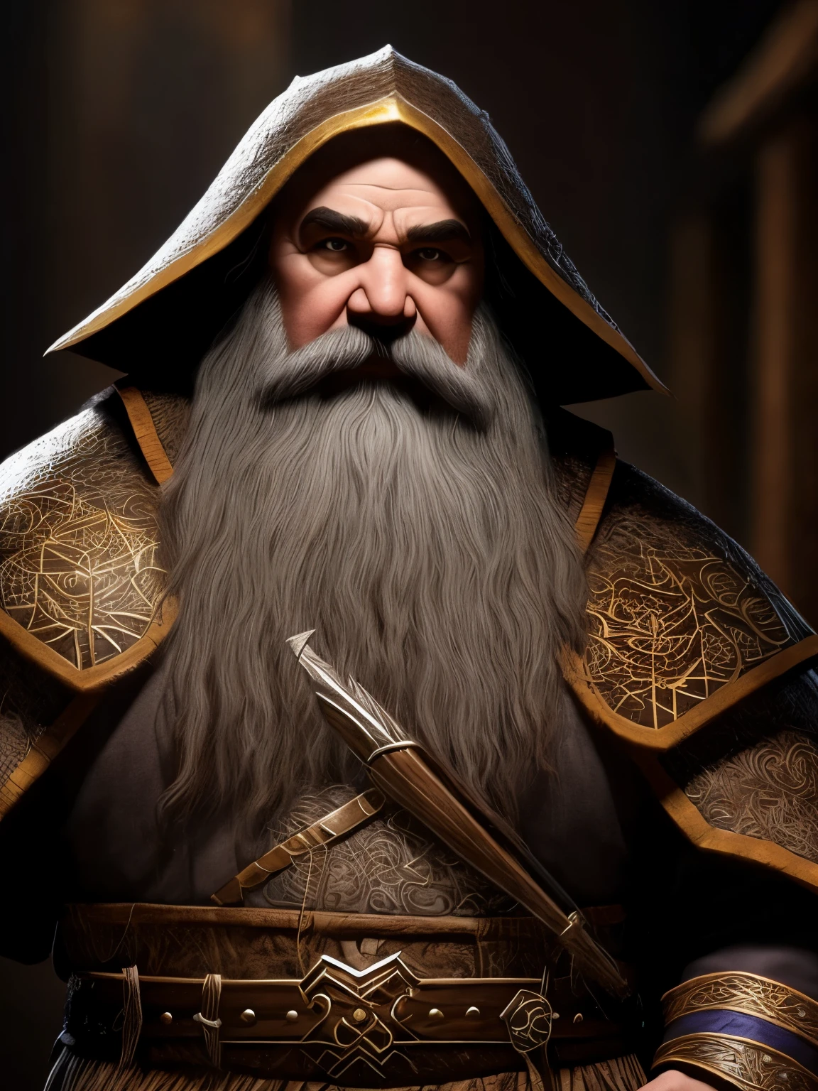 Hill dwarf cleric of life (D&D) vestindo uma armadura pesada,olhos marrons,cabelos e barba preta.