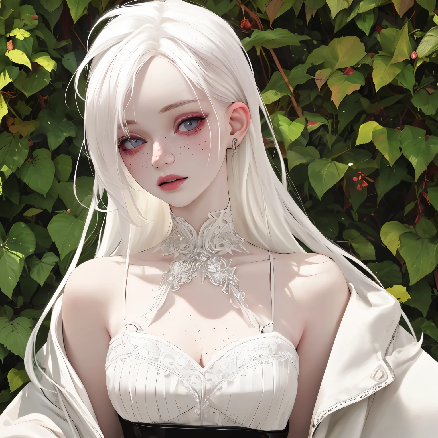 realistic, photo, albino, pale skin, freckles, white hair, 20 year old female, medium breasts, tiktok, beautiful, instagram