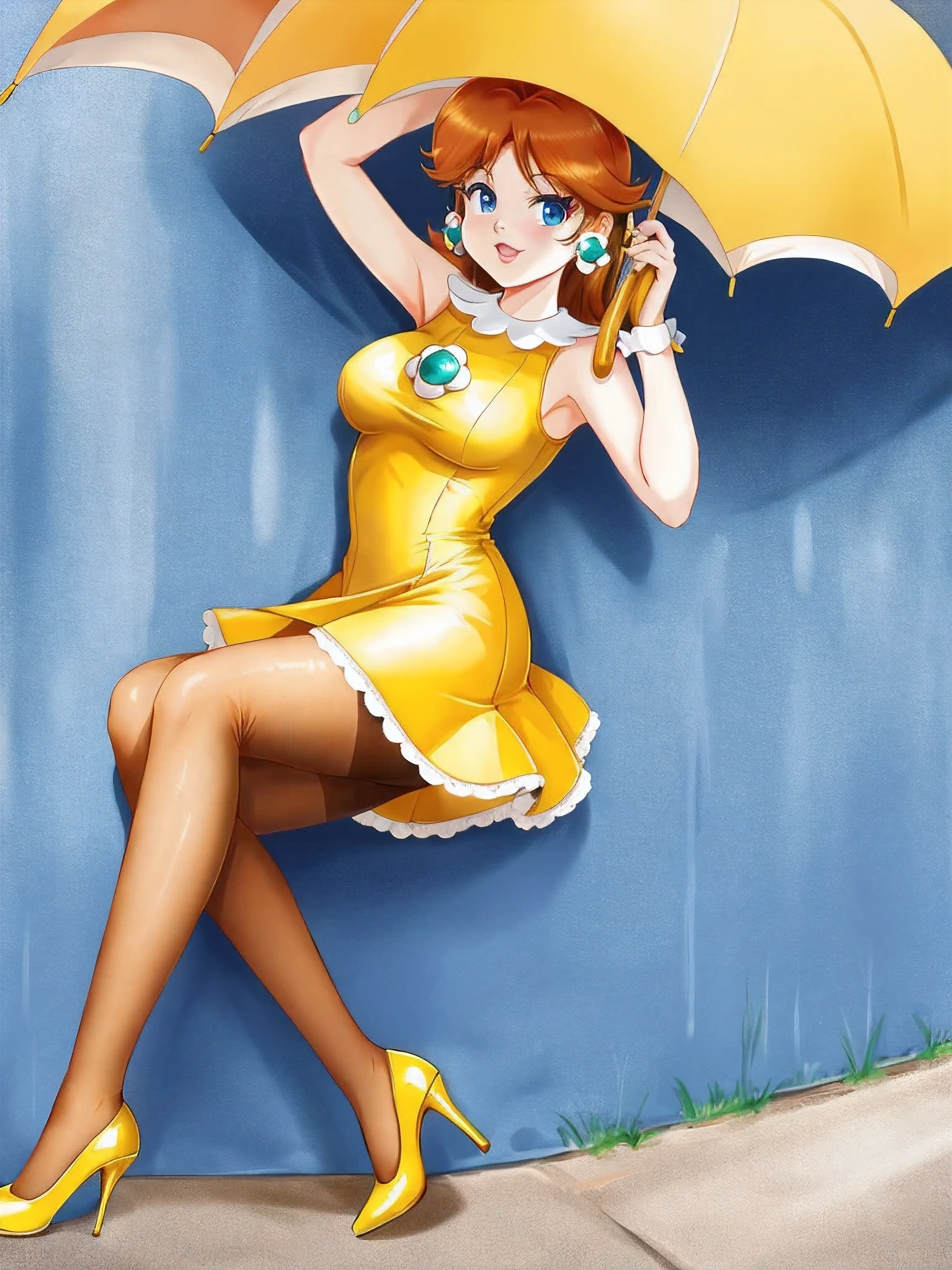 princesa margarita, vestido de cuero amarillo, Tacones altos naranjas, pantys