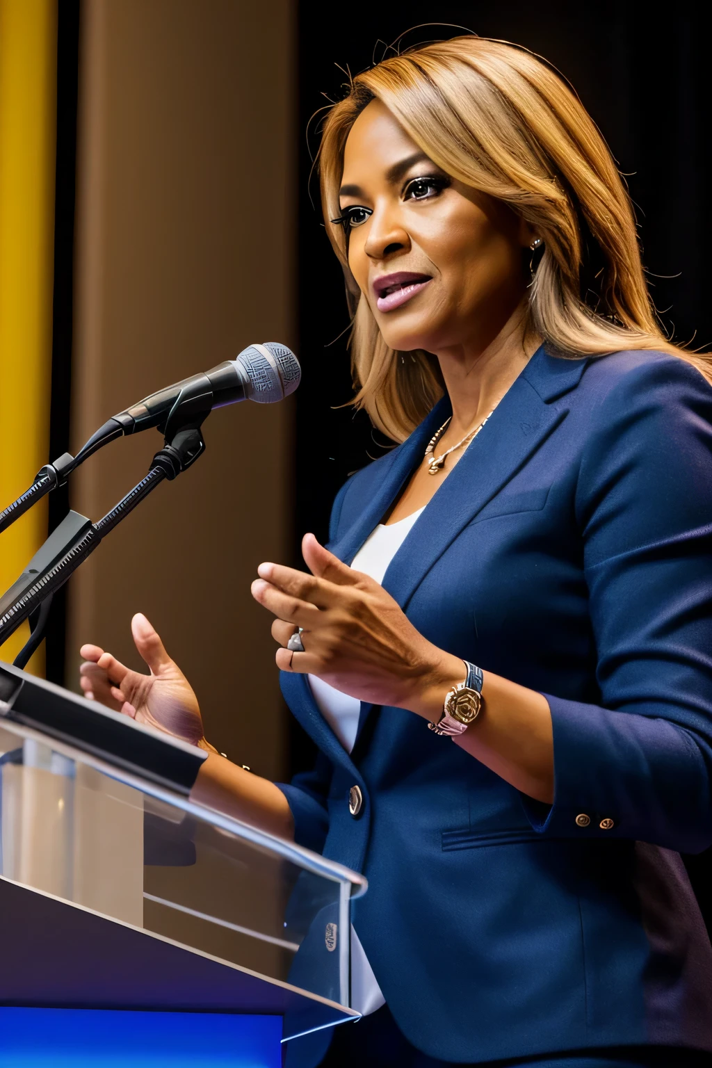 a 60-year-old woman, with a microphone on a escenario giving a conferencia to an empowered woman in Traje formal.
(Mejor calidad,4k,8K,high resolution,Obra maestra:1.2),ultra detallado,(Realista,photoRealista,photo-Realista:1.37), HDR,HD,studio lighting,pintura ultrafina,Sharp focus,physically based rendering,extreme detailed description,profesional,vivid colors,bokeh, retratos,Empoderamiento,conferencia,escenario,Traje formal,confianza,estatura,microphone,mujeres empoderadas,inspirador,exitoso,transformacional,autoritario,dynamic,audiencia,compromiso,perspicaz,educativo,inspirador,empoderando,motivacional,apasionado,vistoso,positive energy,esclarecedor,edificante,significativo,impactante,durable,memorable