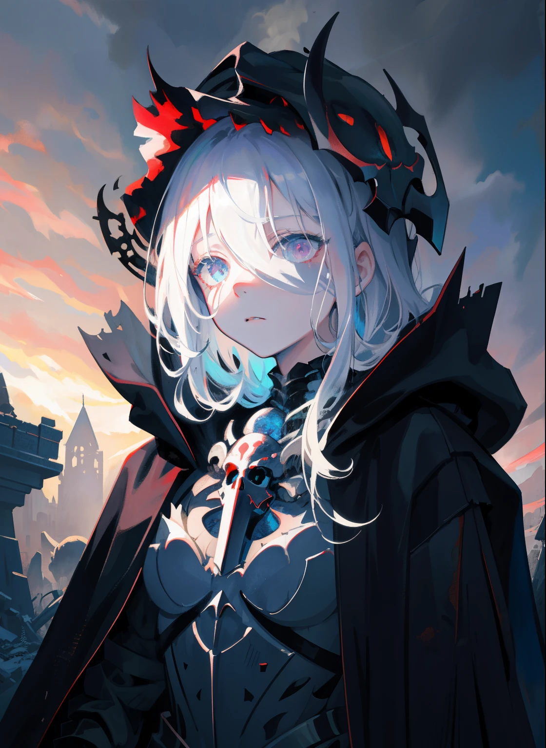 ((masterpiece, best quality, illustration)), chaos theme, horror theme, a girl, covered eyes, mask, skull, head gear, skeletal armor, skeleton print, armored dress, floating cloak, jacket removed, solo, many planted_sword, ruins, cloudy sky, snowing, dark lighting