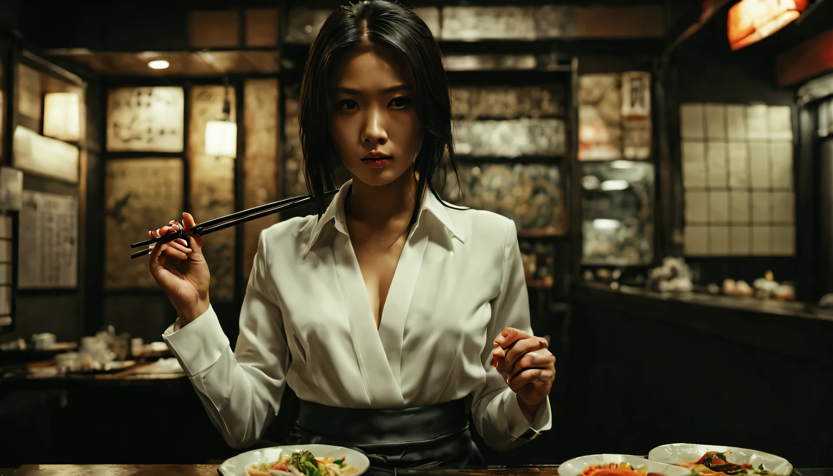 ​master piece,hyper quality, Hyper Detailed,Solo, Beautiful Girl, Dynamic Action Pose, a powerful young woman Yakuza boss, age 23, long jet black hair with light brown highlights, medium breast, dragon tattoo on her right arm, silk white blouse, sleek dark grey suit, black skirt. She uses chopsticks to eat Donburi and sushi at a japanese resturant in Shibuya district of Tokyo .Yakuza, by Hiroyuki Tajima, live action movie scene, still from live action movie, by Kano Tan&#39;yū, japanese live action movie, style of masami kurumada, [ play ], stage:2024 Tokyo
