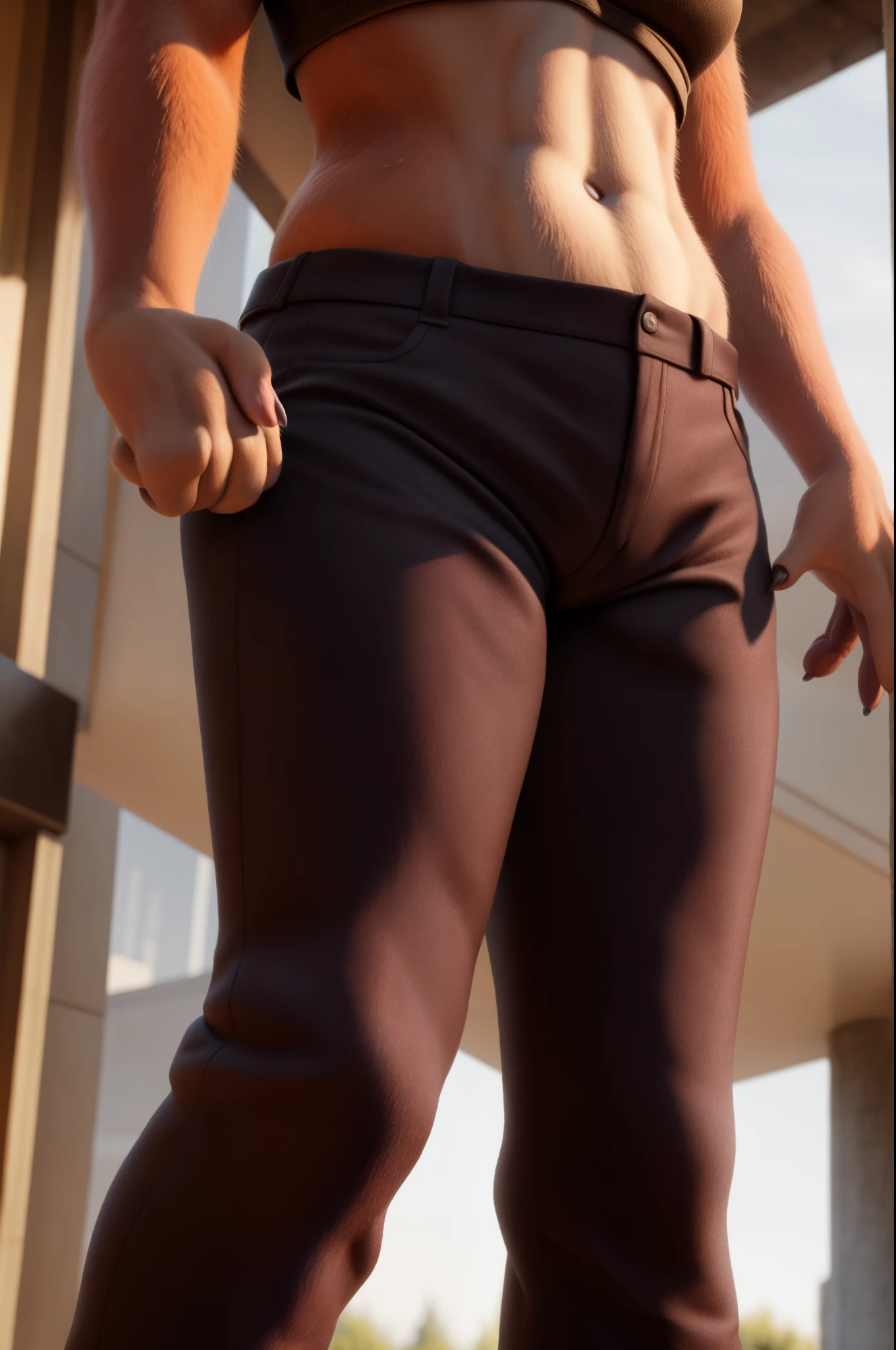 diane foxington,velvet pants, standing, paws pose, crotch view, realistic hair, realistic details in the clothes, realistic details in the hair, realistic details in extreme quality,