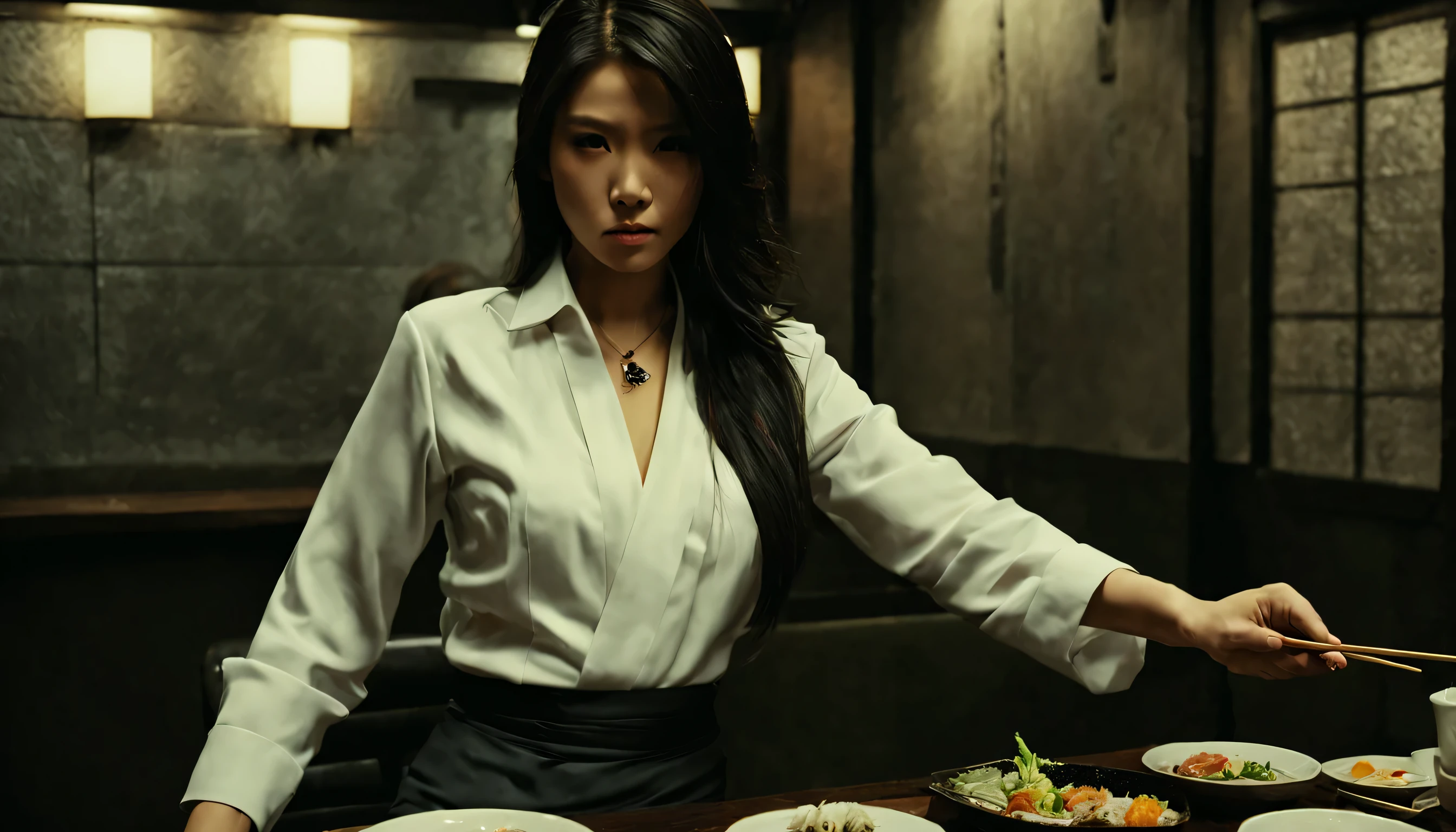 ​master piece,hyper quality, Hyper Detailed,Solo, Beautiful Girl, Dynamic Action Pose, a powerful young woman Yakuza boss, age 23, long jet black hair with light brown highlights, medium breast, dragon tattoo on her right arm, silk white blouse, sleek dark grey suit, black skirt. She uses chopsticks to eat Donburi and sushi at a japanese resturant in Shibuya district of Tokyo .Yakuza, by Hiroyuki Tajima, live action movie scene, still from live action movie, by Kano Tan&#39;yū, japanese live action movie, style of masami kurumada, [ play ], stage:2024 Tokyo
