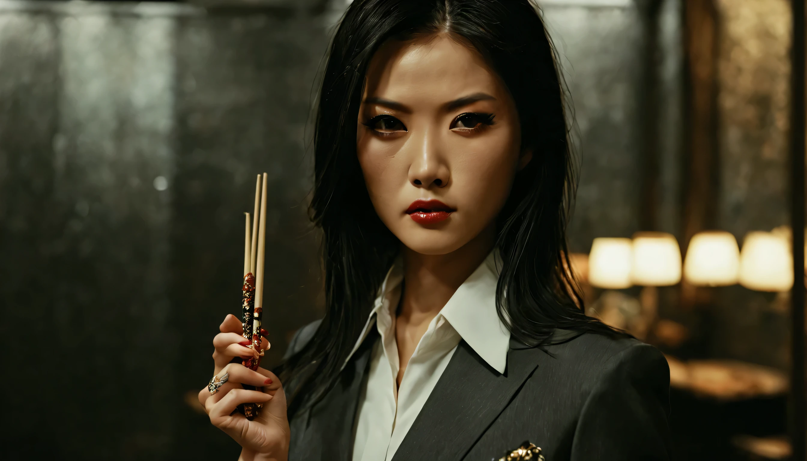 ​master piece,hyper quality, Hyper Detailed,Solo, Beautiful Girl, Dynamic Action Pose, a powerful young woman Yakuza boss, age 23, long jet black hair with light brown highlights, medium breast, dragon tattoo on her right arm, silk white blouse, sleek dark grey suit, black skirt. She uses chopsticks to eat Donburi and sushi at a japanese resturant in Shibuya district of Tokyo .Yakuza, by Hiroyuki Tajima, live action movie scene, still from live action movie, by Kano Tan&#39;yū, japanese live action movie, style of masami kurumada, [ play ], stage:2024 Tokyo

