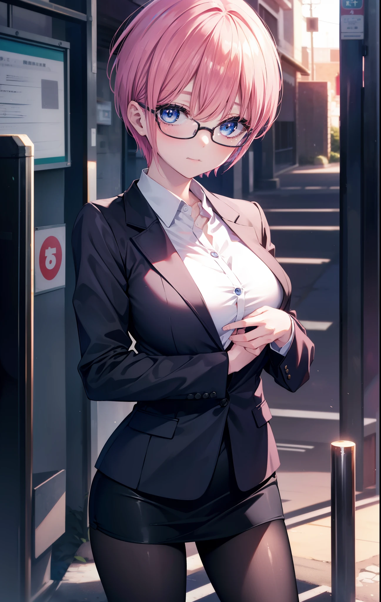 Anime girl with pink hair and glasses standing in front of a bus ...
