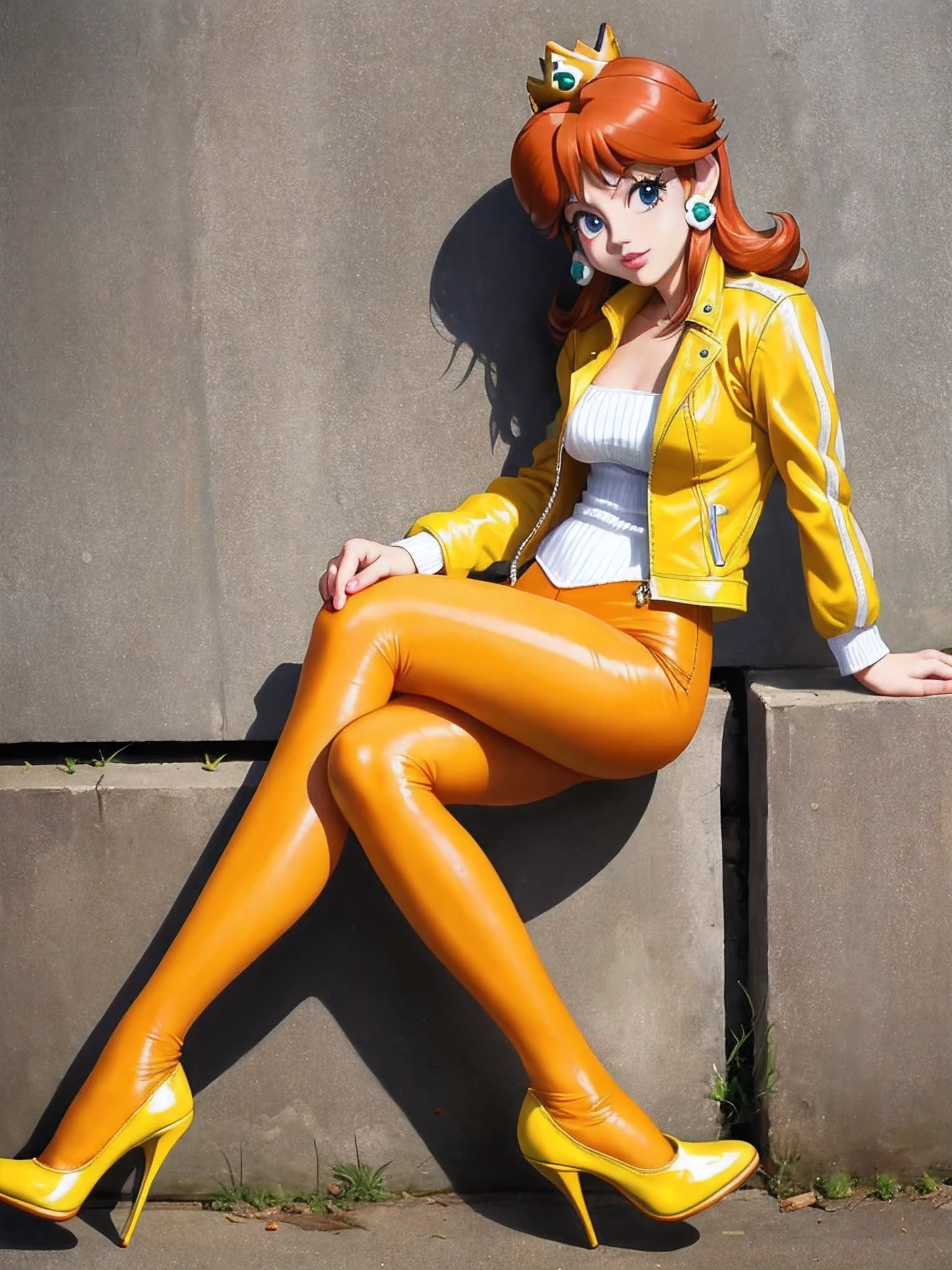 princesa margarita, Chaqueta de cuero amarilla, Tacones altos naranjas, pantys