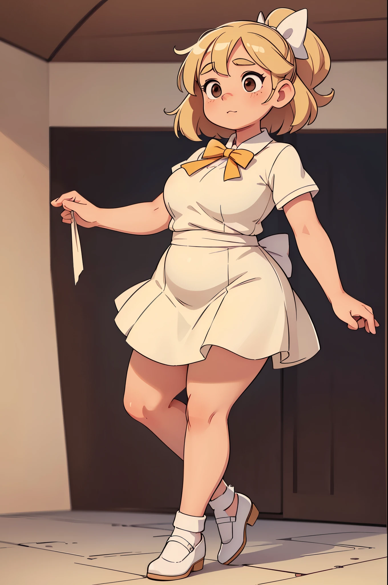 Drawing of a pudgy teen of late adolescence with rosy cheeks; brown eyes; creamy blonde hair. She is in a white dress with a prominent bow on her waist; she is wearing black dress shoes. She has muscular, toned, realistic feet and legs.Her legs are thick, fat and chubby. Her fat legs have varicose veins.