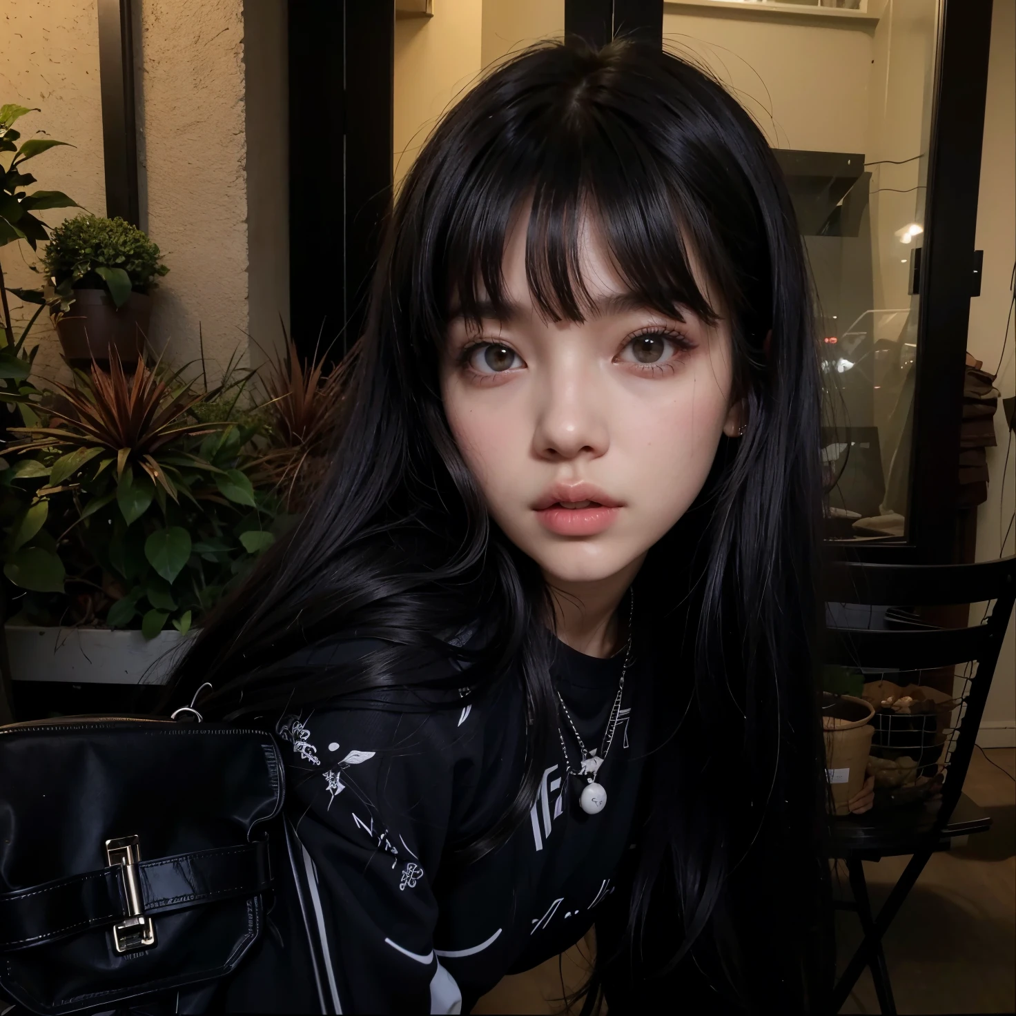 hay una mujer con cabello largo y negro y un bolso negro, ella tiene el pelo negro con flequillo, pelo largo y negro con flequillo, cabello con flequillo negro, long hair con flequillo completo, pelo largo y oscuro con flequillo, retrato de jossi de blackpink, flequillo negro, pelo negro y flequillo blanco, con flequillo completo, pelo largo con flequillo, sui ishida con cabello negro, Jennie from blackpink face