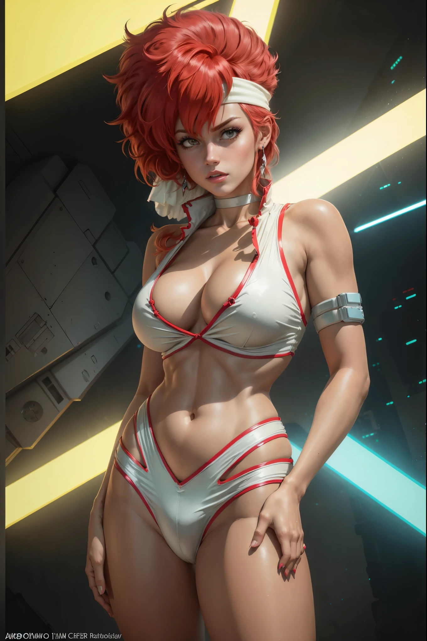 Kei from The Dirty Pair,skimpy white outfit,cleavage,bushy red hair beauty,cyberpunk city background,green headband,emerald green head band,
(portraits), oil painting, high resolution,(best quality, 4k, 8k, highres, masterpiece:1.2), ultra-detailed, (realistic, photorealistic, photo-realistic:1.37), HDR, vivid colors, sharp focus, intense lighting, sci-fi, vibrant color palette