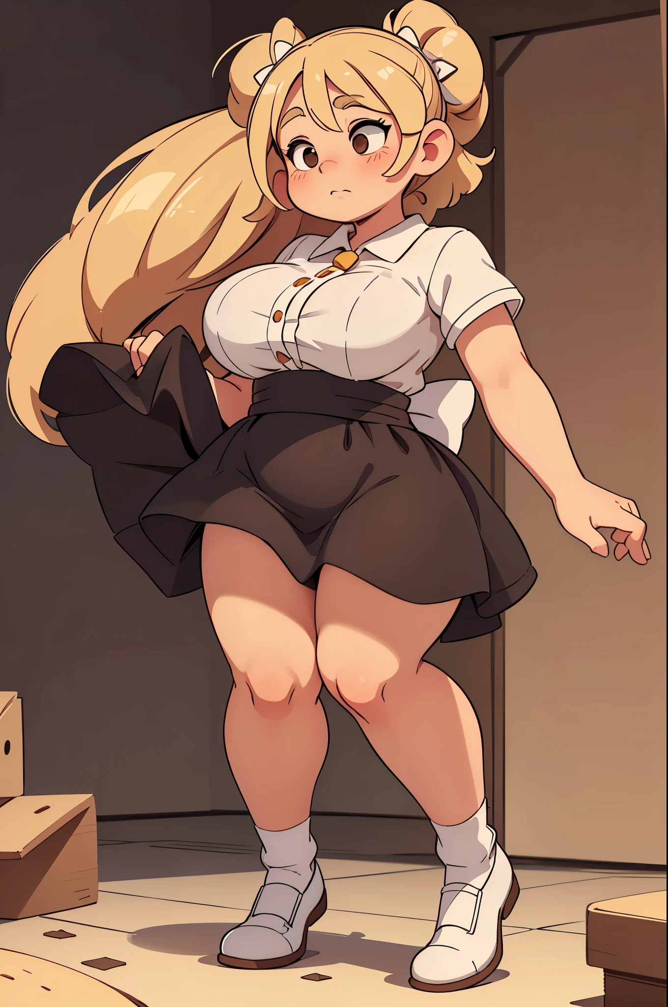 (Best quality), (top quality), (masterpiece), (portrait), (aesthetic), (beautiful), (high quality), (professional angle), (rule of thirds), (Feminine), (woman), (female), (beautiful lady), (big ass), (long hair), (large breast), (masterpiece), (portrait), (aesthetic), (beautiful), (high quality), (professional angle), (rule of thirds), (Feminine), (woman), (female), (beautiful), (feminine features), (blonde) Drawing of a pudgy teen of late adscence with rosy cheeks, brown eyes, creamy blonde hair. She is in a white dress with a prominent bow on her waist; she is wearing black dress shoes. She has muscular, toned, realistic feet and legs. Her legs are thick, fat, chubby, meaty, voluptuous, curvaceous, long, Rubenesque and plump. Her fat legs have varicose veins. She is posing with both hands making victory sign and with one leg up. She is embarrassed and her legs are crossed. The world's sexiest beautiful beauty, flesh-colored tights, soaked all over, cinematic texture, best quality, movie poster, soft lighting, warm colors.
