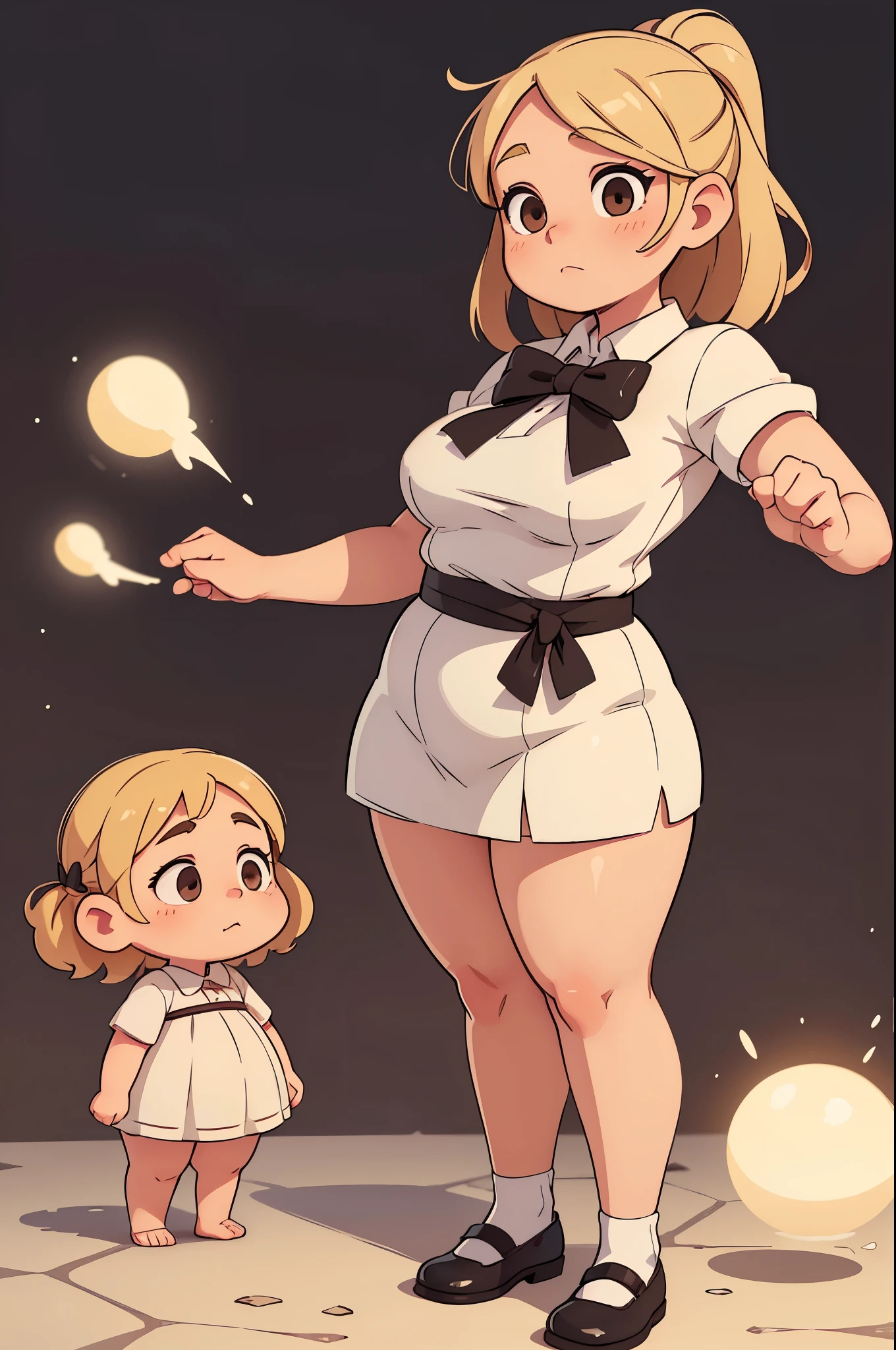 Drawing of a pudgy teen of late adolescence with rosy cheeks; brown eyes; creamy blonde hair. She is in a white dress with a prominent bow on her waist; she is wearing black dress shoes. She has muscular, toned, realistic feet and legs. Her legs are thick, fat and chubby. Her fat legs have varicose veins.