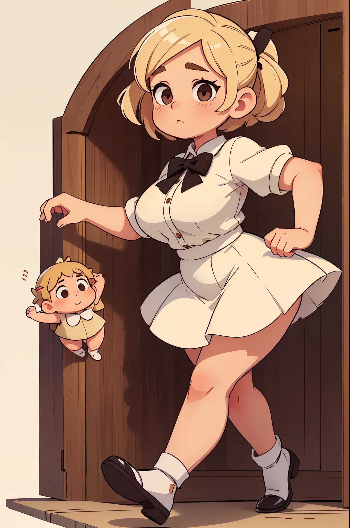 Drawing of a pudgy teen of late adscence with rosy cheeks; brown eyes; creamy blonde hair. She is in a white dress with a prominent bow on her waist; she is wearing black dress shoes. She has muscular, toned, realistic feet and legs. Her legs are thick, fat and chubby. Her fat legs have varicose veins.