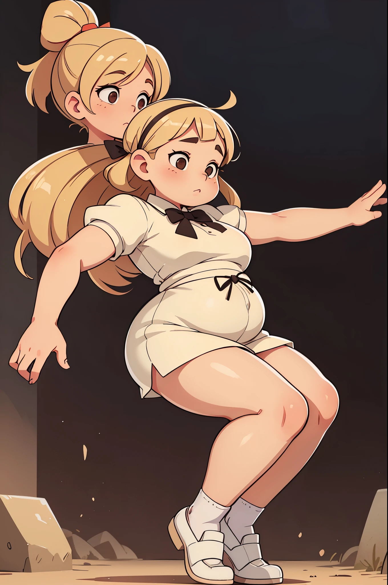 Drawing of a pudgy teen of late adolescence with rosy cheeks; brown eyes; creamy blonde hair. She is in a white dress with a prominent bow on her waist; she is wearing black dress shoes. She has muscular, toned, realistic feet and legs. Her legs are thick, fat and chubby. Her fat legs have varicose veins.