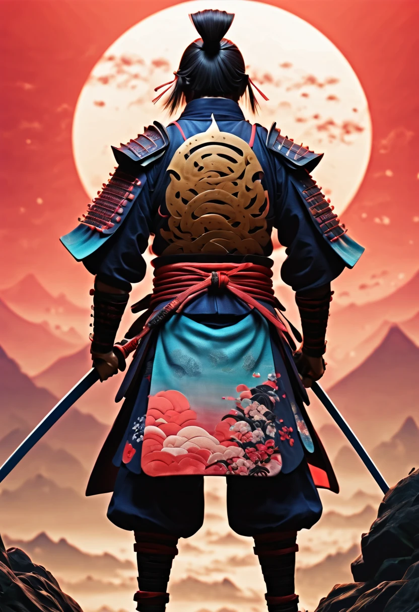 Japanese samurai armor mask katana cherry blossom temple huge red sun background ink style