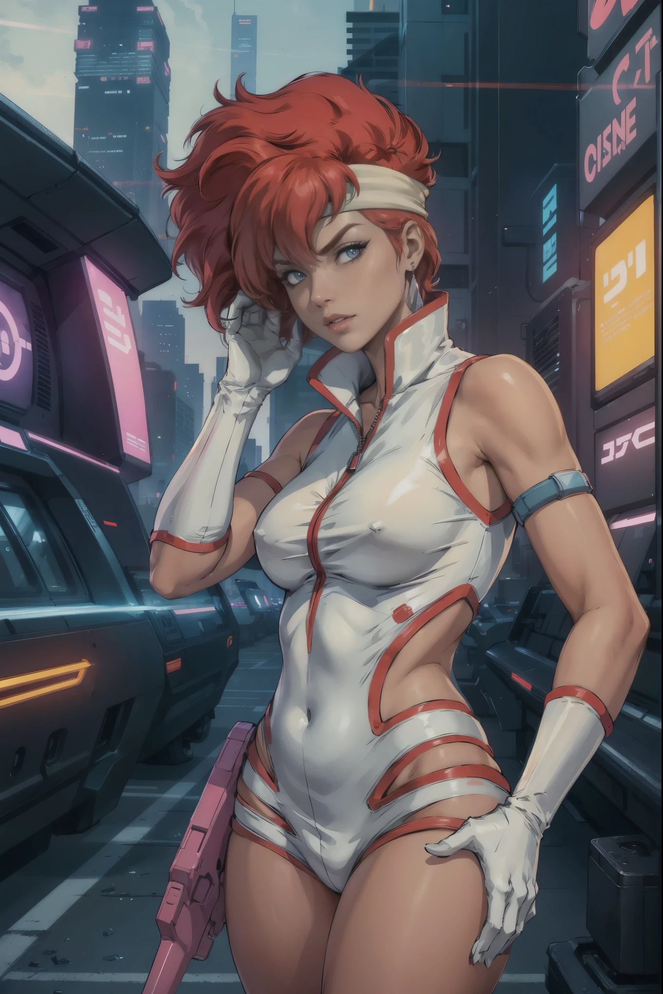 best quality,ultra-detailed,portrait of Kei from The Dirty Pair,realistic,animesque, vibrant colors,bold and dynamic pose,powerful expression,beautiful detailed eyes,intense,sharp focus,medium:anime style,short red hair,wearing her signature white jumpsuit and pink gloves,holding a laser gun in her hand,standing in front of a futuristic cityscape as the sun sets,featuring neon lights and towering skyscrapers,creating a cyberpunk atmosphere,with a touch of mystery and adventure, green headband