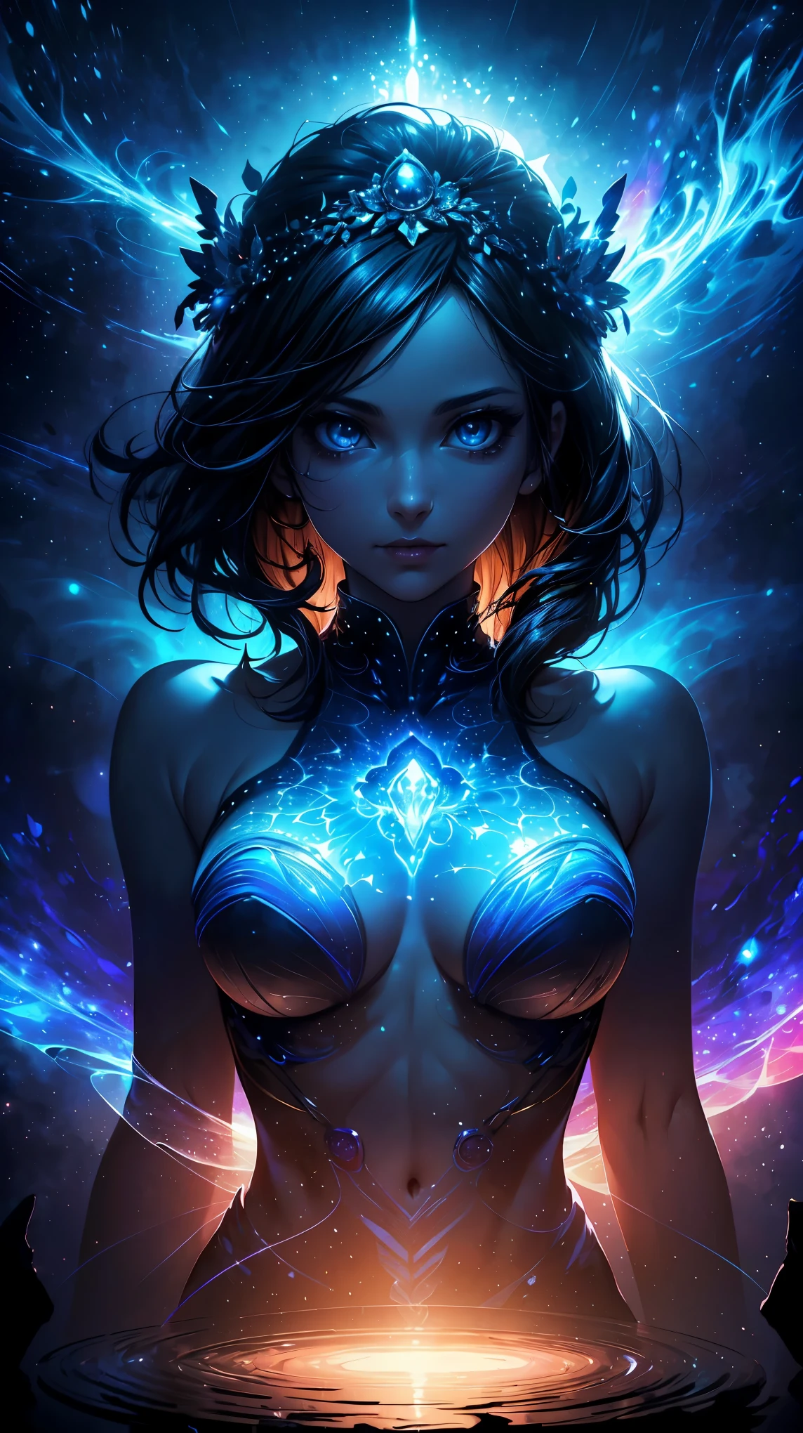(8k, RAW photo, 最high quality, masterpiece:1.2), High-definition RAW color photo, professional photography, concept art, (((1 goddess))), (detailed), (small face), (high detail skin:1.2), cute face, beautiful appearance, (Hair shining in seven colors, blue colored eyes, long hair), (beautiful breasts), (slim body shape:1.4), Highly detailed face and skin texture, (((full body portrait))), ((goddess of the universe:1.2)), fascinating outer space, dramatic lighting, (Fantastic atmosphere:1.5), (Intelligent smile, beautiful), deep shadows and highlights, ((delicate and sacred:1.5, A dress with flowing light, transparent material)), romantic, astral body, governs time and space, Overflowing cosmic energy, ripples of energy, space fairy, star々spectacular cosmic background, reflective，refraction，beautiful skin, shiny skin, (((perfect fingers, five fingers, anatomically correct))), background bokeh, high quality, bright colors, ((award winning photography, Realistic light and shadow with attention to detail)), Immersive 3D rendering, Professional 3D artistry,