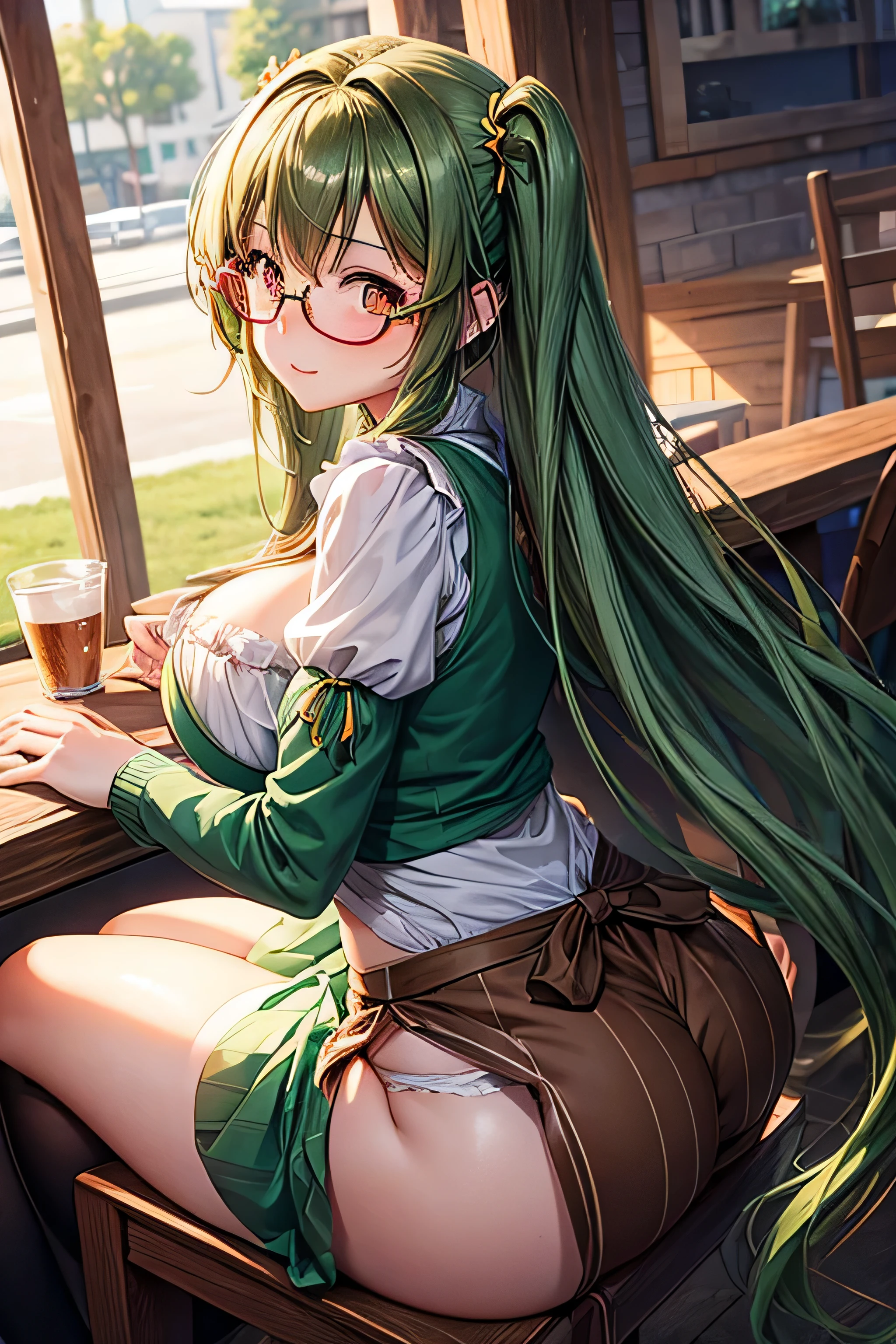 High resolution, high quality, 1 girl, anime girl, brown long hair, brown eyes,heart-shaped pupil, green glasses, tanned skin, big breasts,beautiful breasts,(big ass),beautiful butt,Aqua Cardigan,green dirndl skirt,sitting,at the cafe,