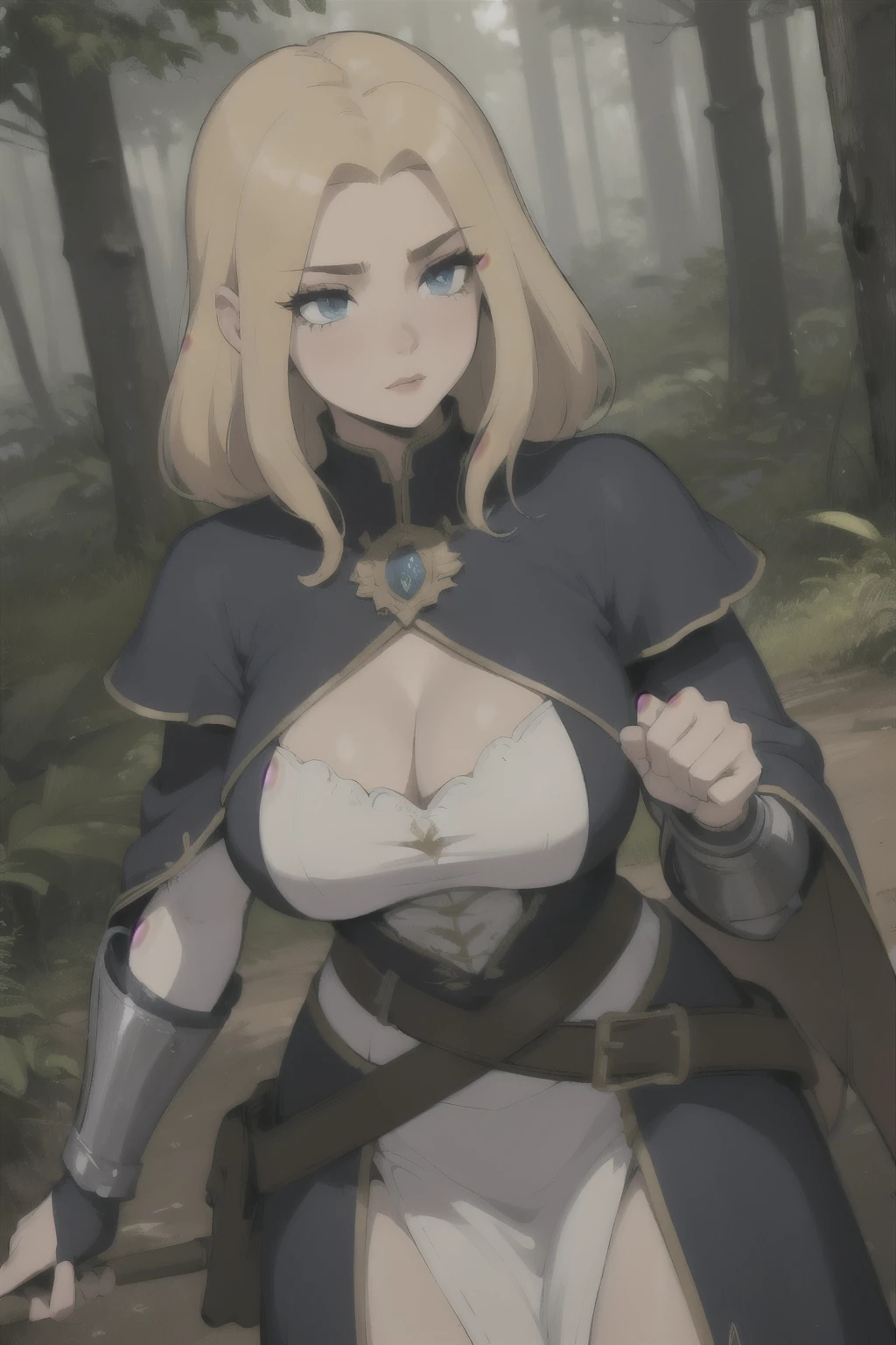 ((Best quality)), ((Masterpiece)), (detailed), perfect face perfect figure, Female Knight, Middle Ages, woman in knight&#39;s armor and leather clothes, blonde with blue eyes, One woman, , In the forest, forest background, lots of bumpers, aged woman