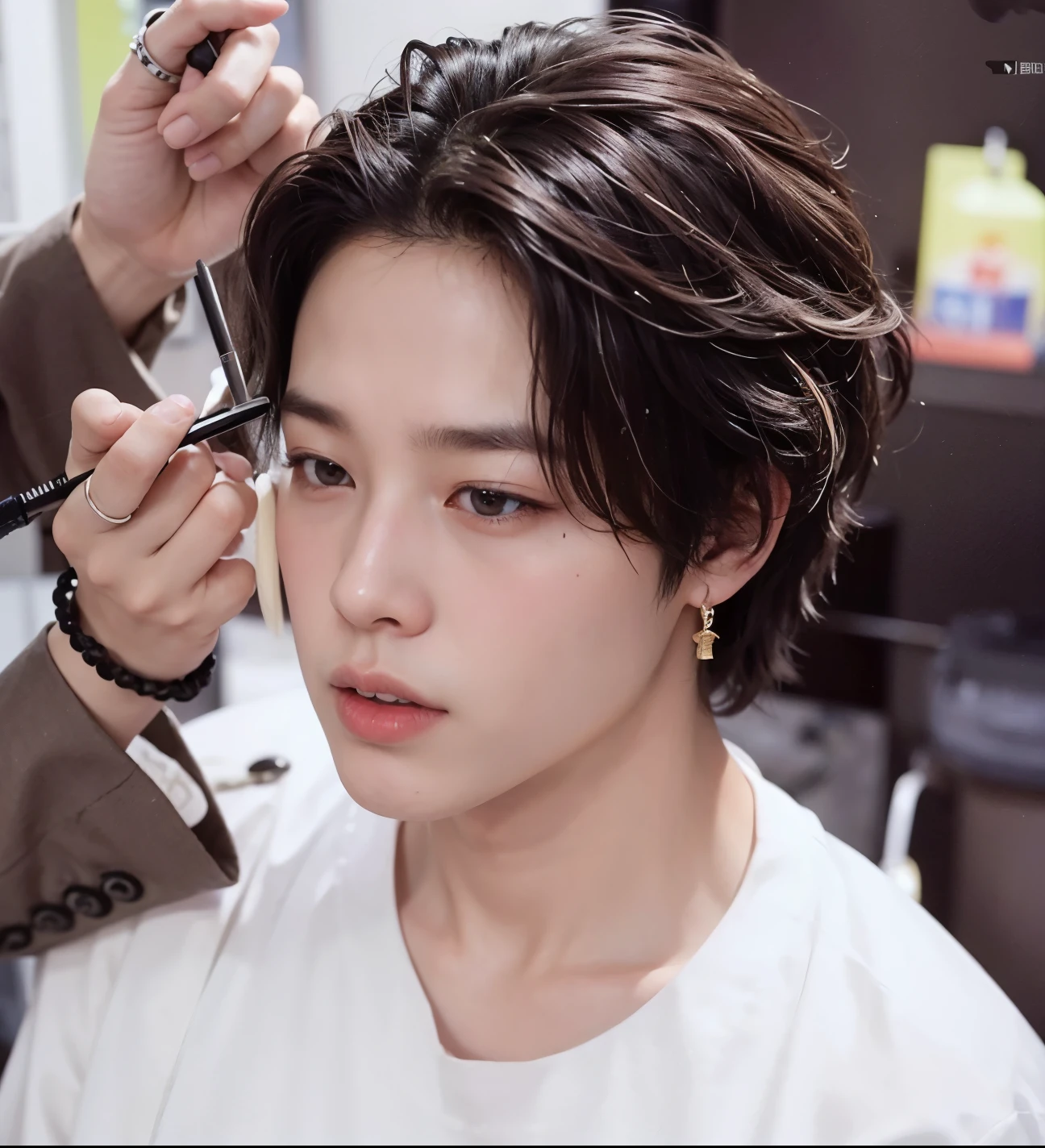 araffed asian man getting his hair cut at a hairdresser, Jimin\the full lips, Jimin\the right eyelid is swollen, Jimin\o nariz grego, accurate Jimin face, Jimin, park Jimin, Jeon Jungkook, Jimin Park, adorable and pale korean face