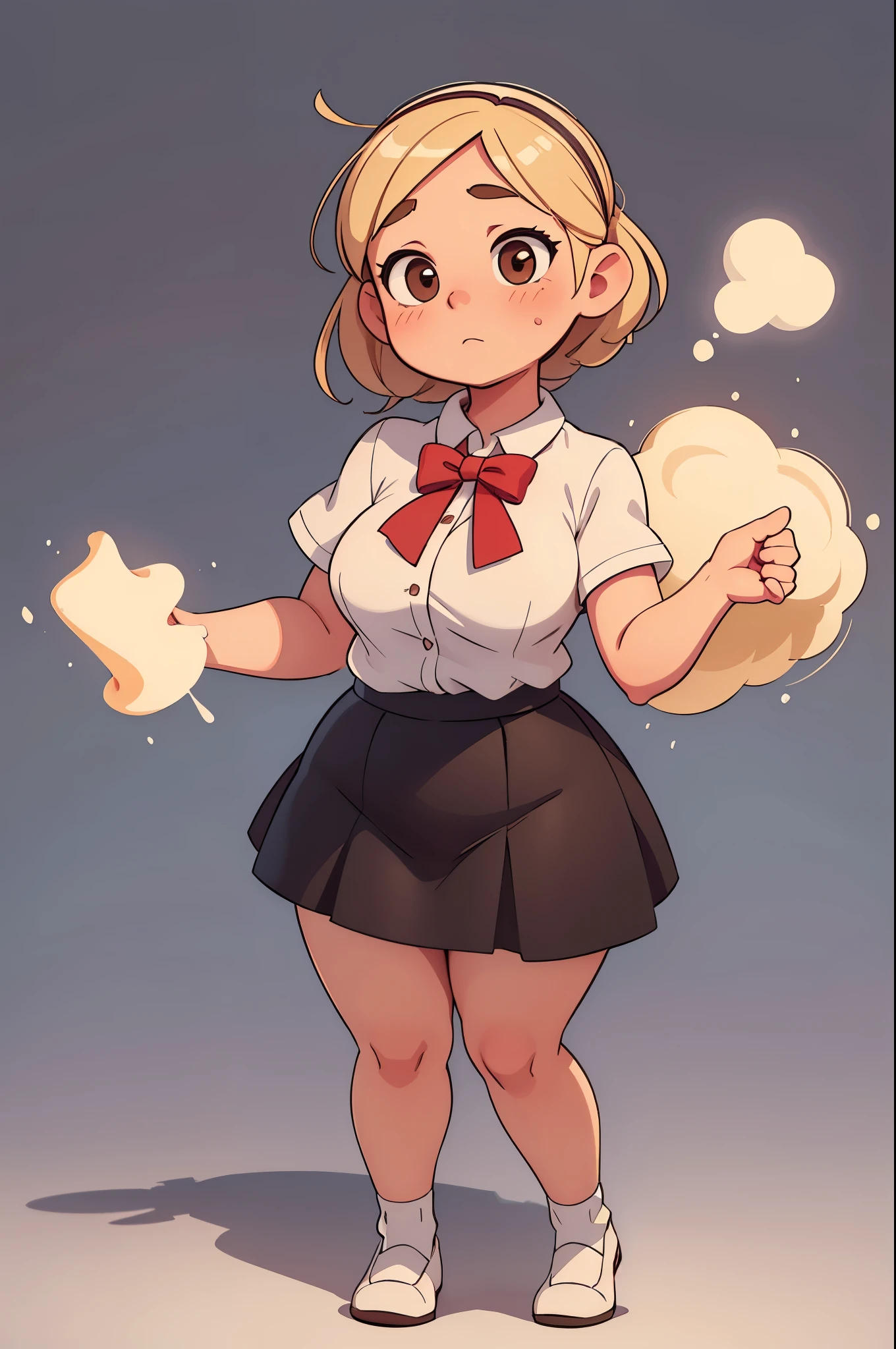 Drawing of a pudgy teen of late adolescence with rosy cheeks; brown eyes; creamy blonde hair. She is in a white dress and miniskirt with a prominent bow on her waist; she is wearing black dress shoes. She has muscular, toned, realistic feet and legs. Her legs are thick, fat and chubby. Her fat legs have varicose veins.