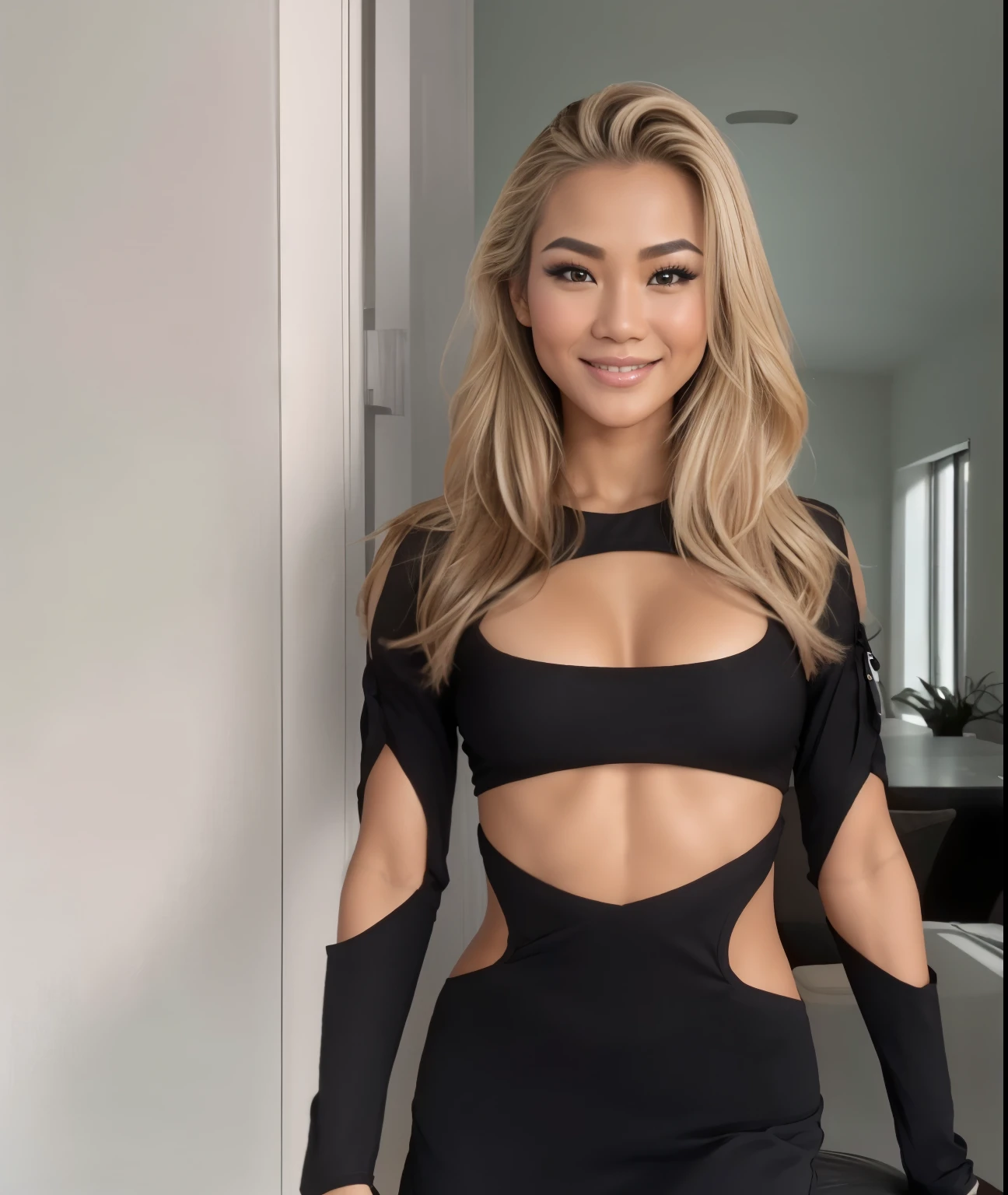 Young Thai woman, Fit physique, fitness physique, portant de la lingerie noire sexy, watch on the canapé, les jambes ouvertes, corps sexy, (8K), (best quality), (chef-d&#39;artwork:1.3), (realistic), (Photorealistic:1.34), ultra-detailed, [Beautiful detailed eyes], (sourire), (sourire), (beautiful detailed nose), [cheveux blonds très longs], (haut court), lingerie noire, (superbes seins taille normale), (gros plan), profondeur de champ, full body view, sitting on the sofa, legs spread, montrant l&#39;entrejambe, pieds en l'air