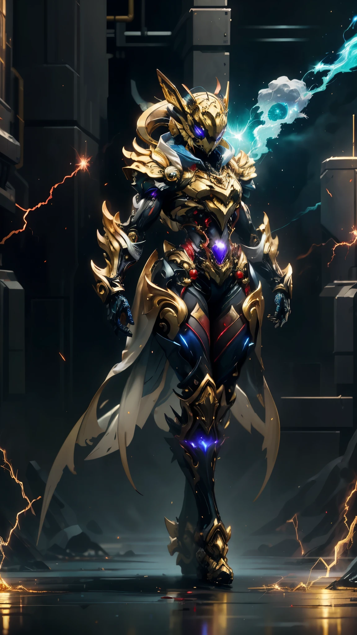A woman adorned in fantasy-style full-body armor, a crown-concept fully enclosed helmet that unveils only her eyes, a composite layered chest plate, fully encompassing shoulder and hand guards, a lightweight waist armor, form-fitting shin guards, the overall design is heavy-duty yet flexible, ((the armor gleams with a golden glow, complemented by red and blue accents)), exhibiting a noble aura, she floats above a fantasy-surreal high-tech city, this character embodies a finely crafted fantasy-surreal style armored hero in anime style, exquisite and mature manga art style, (mixture of Queen bee and Spider concept Armor, plasma, blood), ((Element, energy, elegant, goddess, femminine:1.5)), metallic, high definition, best quality, highres, ultra-detailed, ultra-fine painting, extremely delicate, professional, anatomically correct, symmetrical face, extremely detailed eyes and face, high quality eyes, creativity, RAW photo, UHD, 32k, Natural light, cinematic lighting, masterpiece-anatomy-perfect, masterpiece:1.5